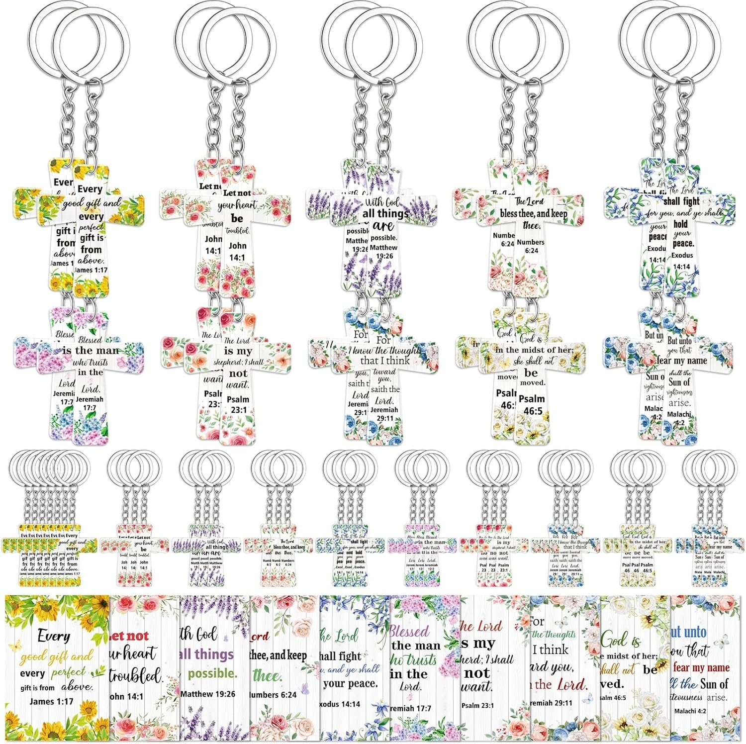 55Sets Christian Gifts for Women: Inspirational Bible Cross Acrylic Keychains Bulk with Cards, Mothers Day Religious Church Favors