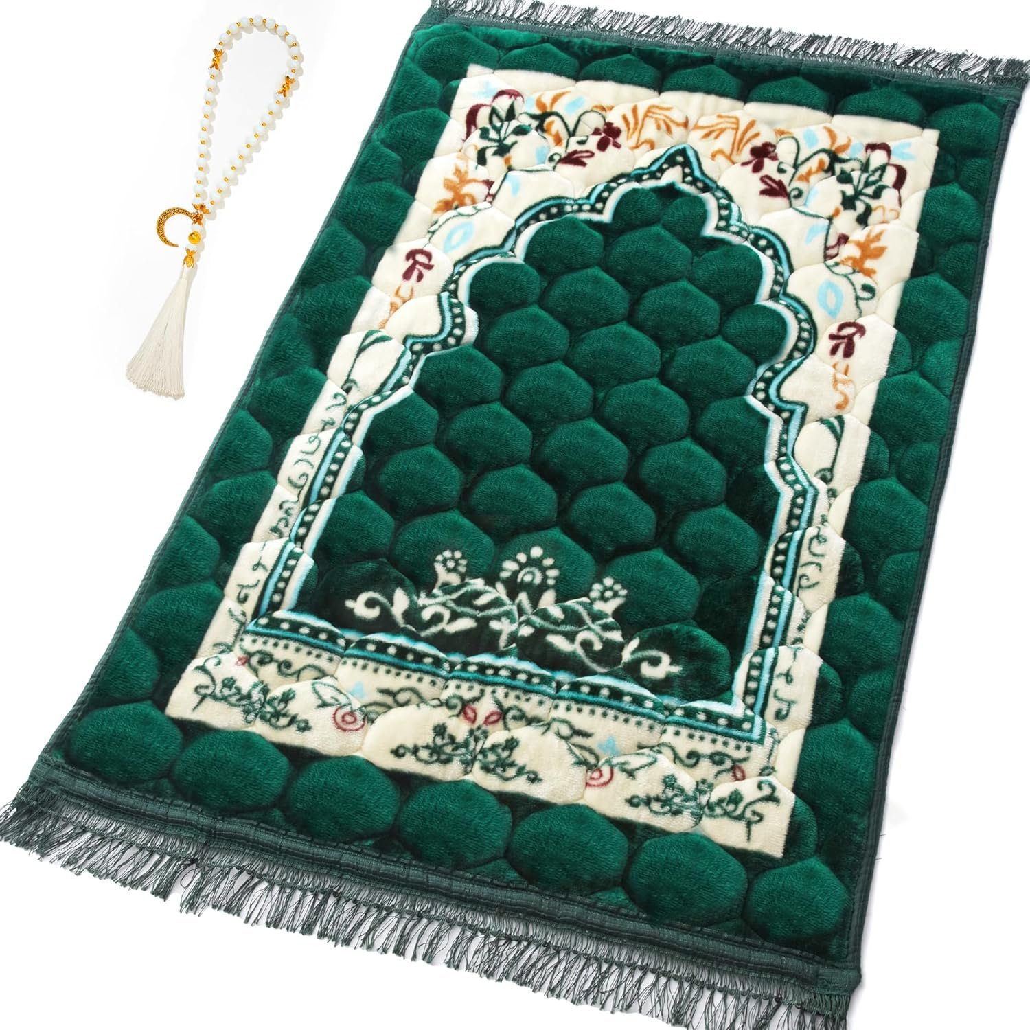 Muslim Prayer Rug with Tasbih Prayer Beads, Soft Large Prayer Matt Islam, Padded Islamic Prayer Mat Thick for Men and Women, Janamaz, Sajadah (31.5″ x 47.2″, Green)