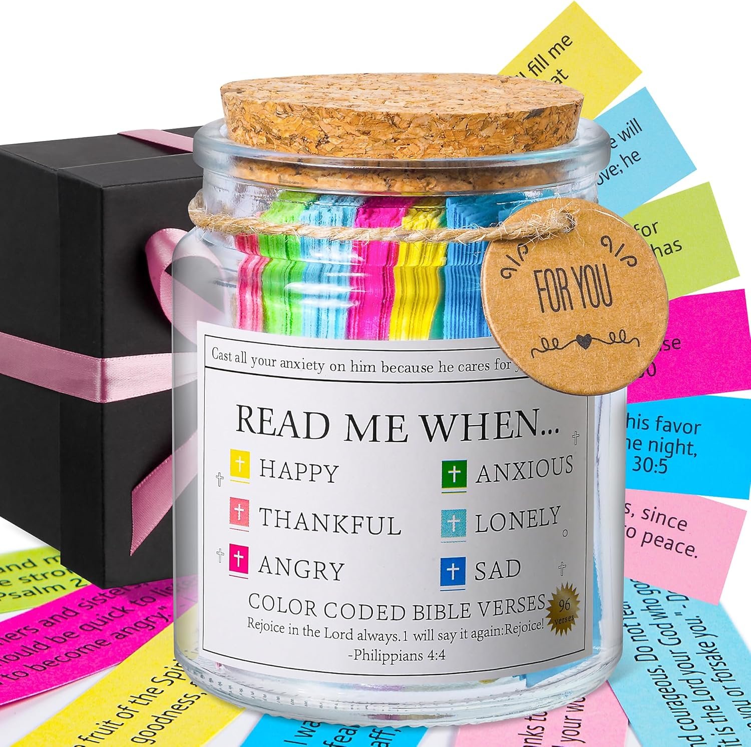 Bible Verse Jar, Read Me When Bible Verses Jar for Daily Encouragement – Christian Gifts for Women, Mothers Day Gift for Mom, Birthday Gifts, Graduation Gift, Prayer Cards With A 48-inch Ribbon Bow