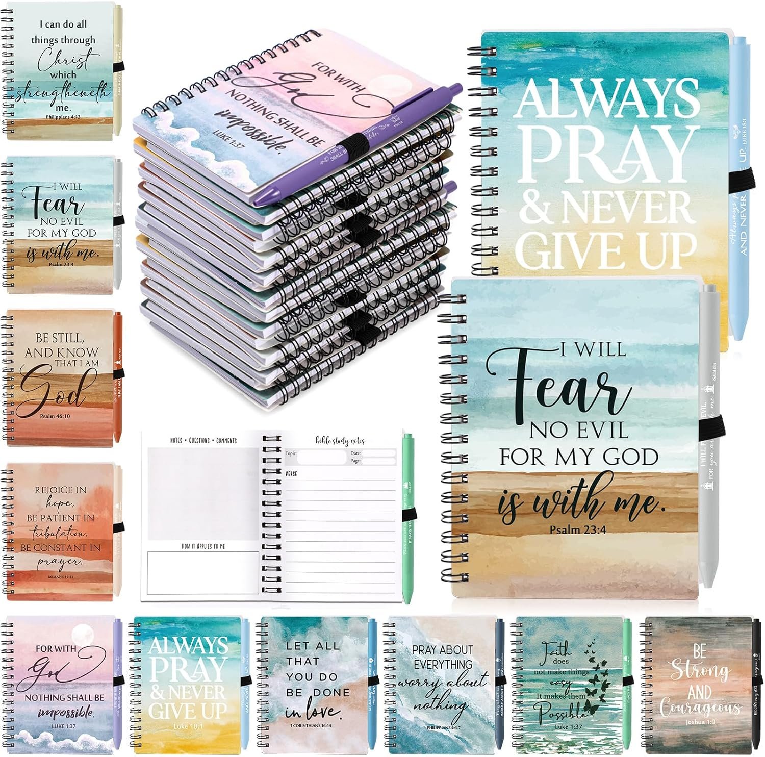 Resurhang 10 Sets / 20 Pcs Inspirational Christian Prayer Journals for Women, Fathers Day Church Gifts Bulk Spiral Notebooks with Religious Pens, Bible Study Gifts & Teacher Supplies (Verses of Faith)