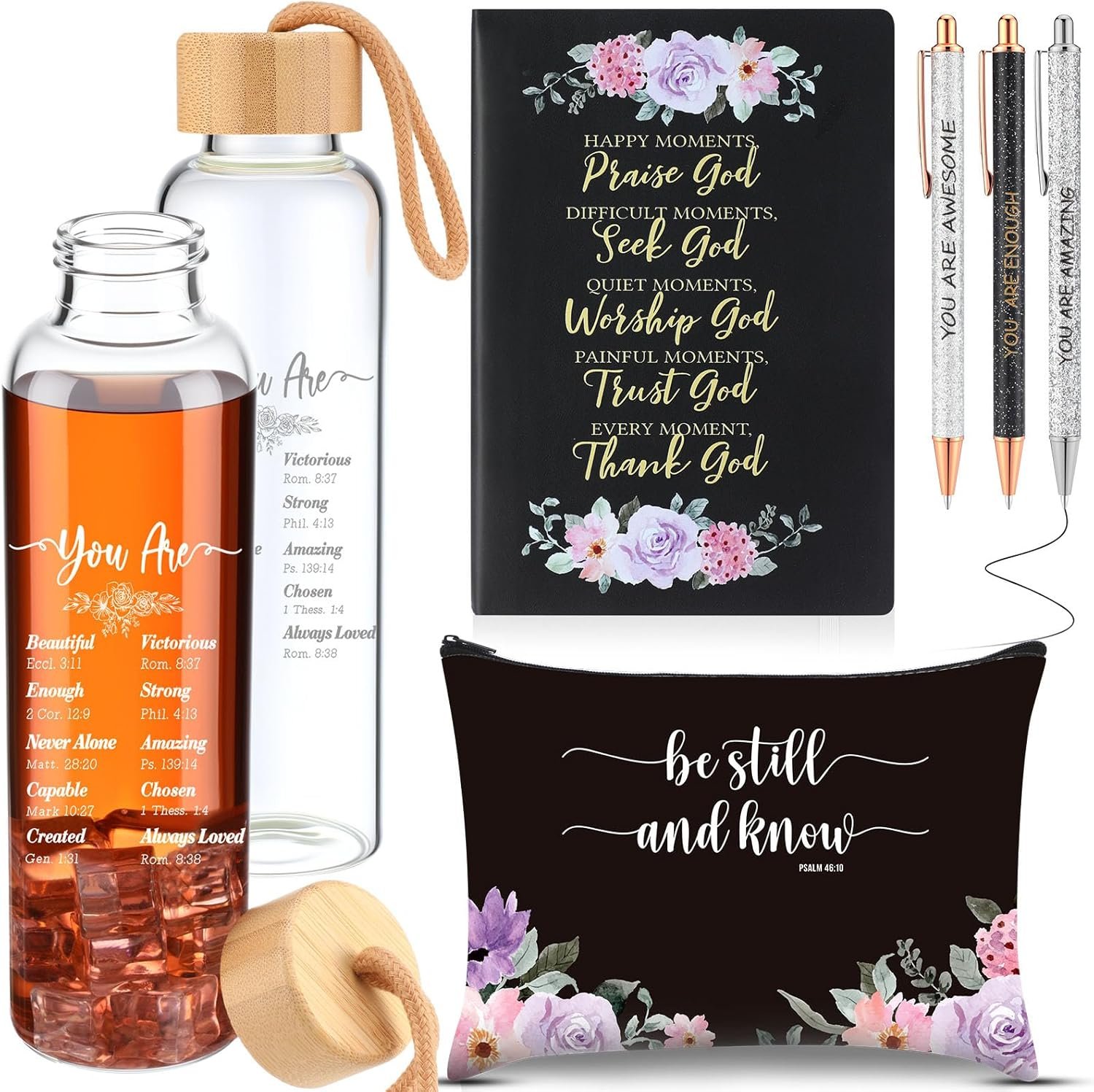 6 Pcs Christian Gifts Set for Women Glass Bottle, Makeup Bag, Ballpoint Pens, Religious Scripture Notebook Inspirational Gifts for Sunday School Church(Black)