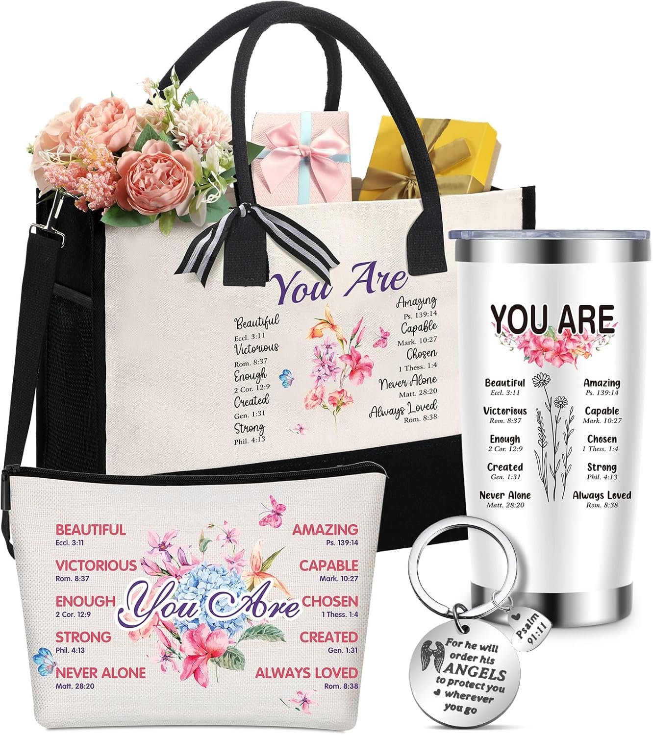 Aliceset 4 Pcs Christian Inspirational Gifts Set for Women Include Tote Bag Makeup Bag 20 oz Stainless Steel Tumbler Keychain(Floral)