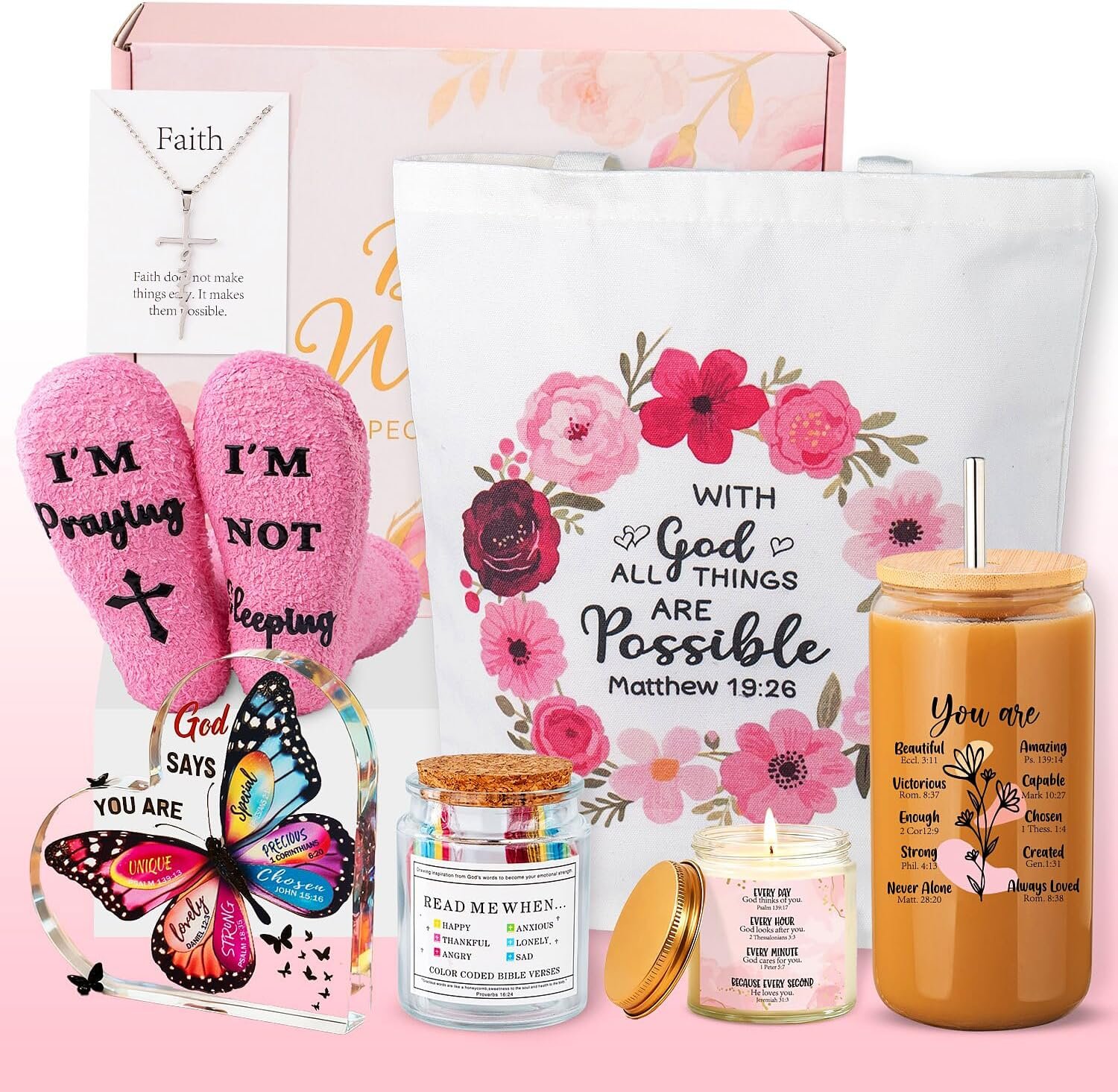 Christian Gifts For Women, Religious Gifts, Christian Mothers Day Gifts For Women Faith, Birthday & Inspirational Spiritual Gifts For Mom, Bestie, Bff, Sister With Tote Bag, Glass Cup, Bible Jar