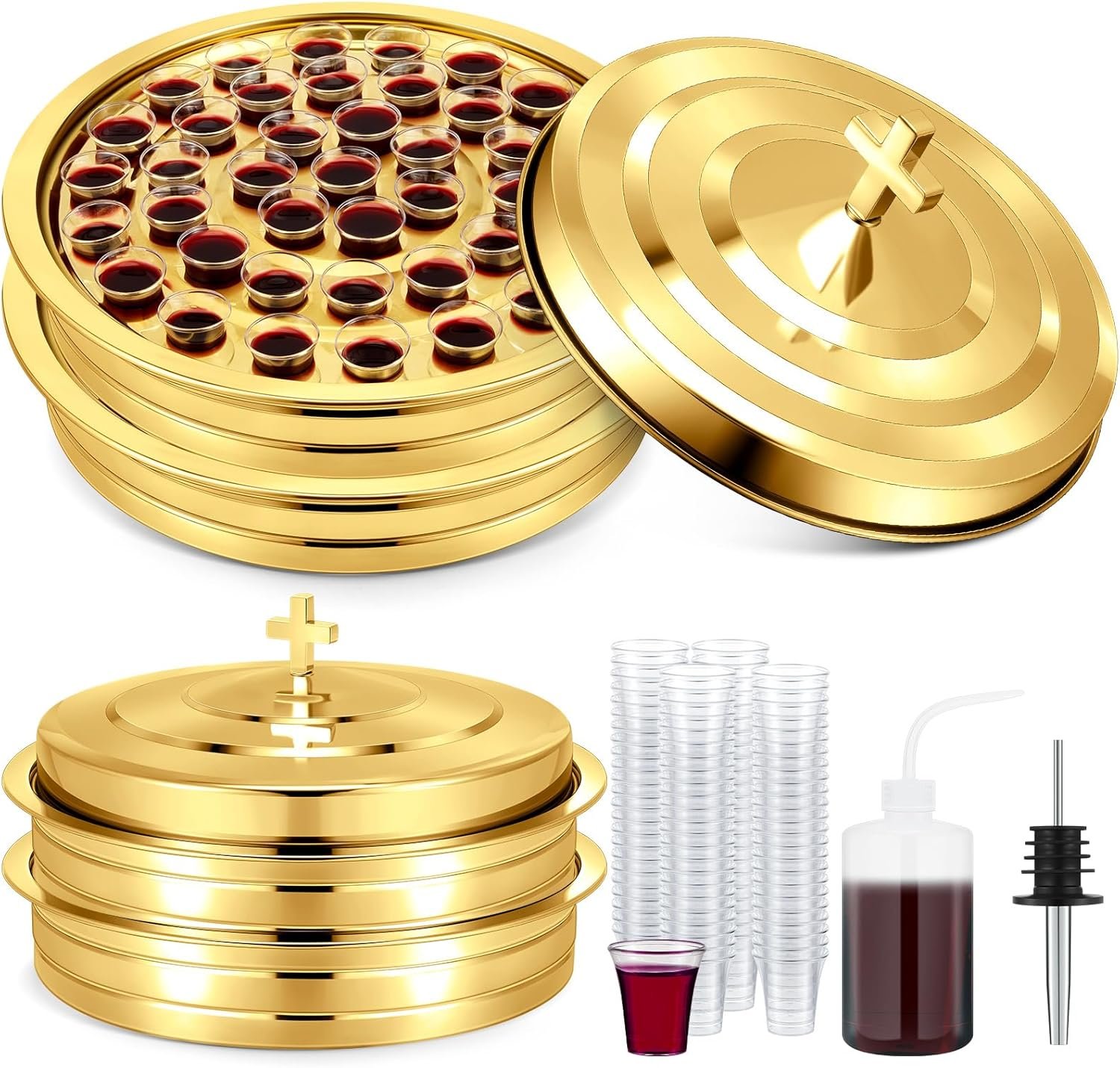 Zhehao 2 Sets Holy Communion Trays With Lid, Cup Fillers, and 100 Disposable Cups for Churches (Golden)