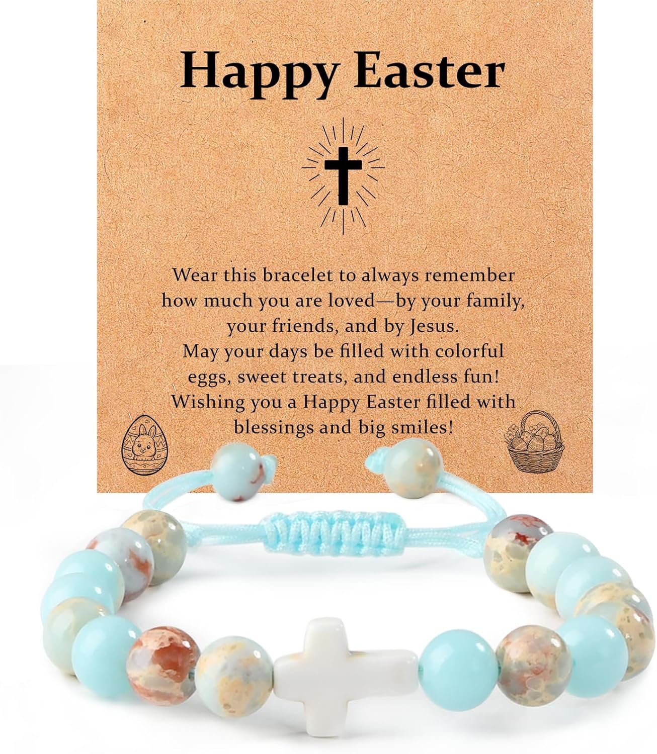 Lamyba Easter Gifts for Kids/Teens/Girls, Christian Natural Stone Beaded Bracelets, Easter Basket Stuffers Essentials, Adjustable Cross Bracelets, Blue/Black