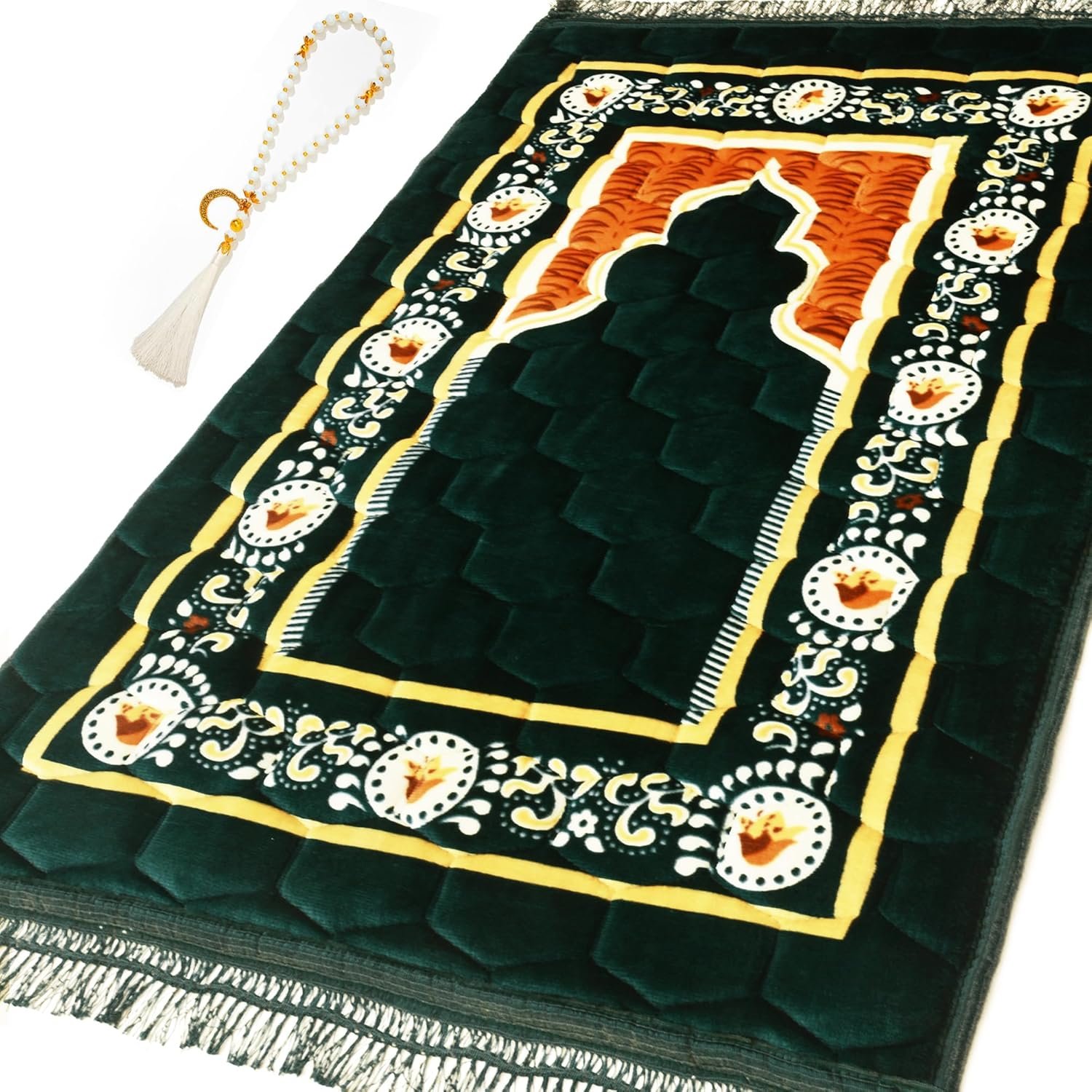 Prayer Rug Muslim Mat Islamic – Padded Very Thick Prayer Rug Sajadah for Men Women with Islam Prayer Beads, Soft and Luxury (31.5″ x 47.2″, Green)