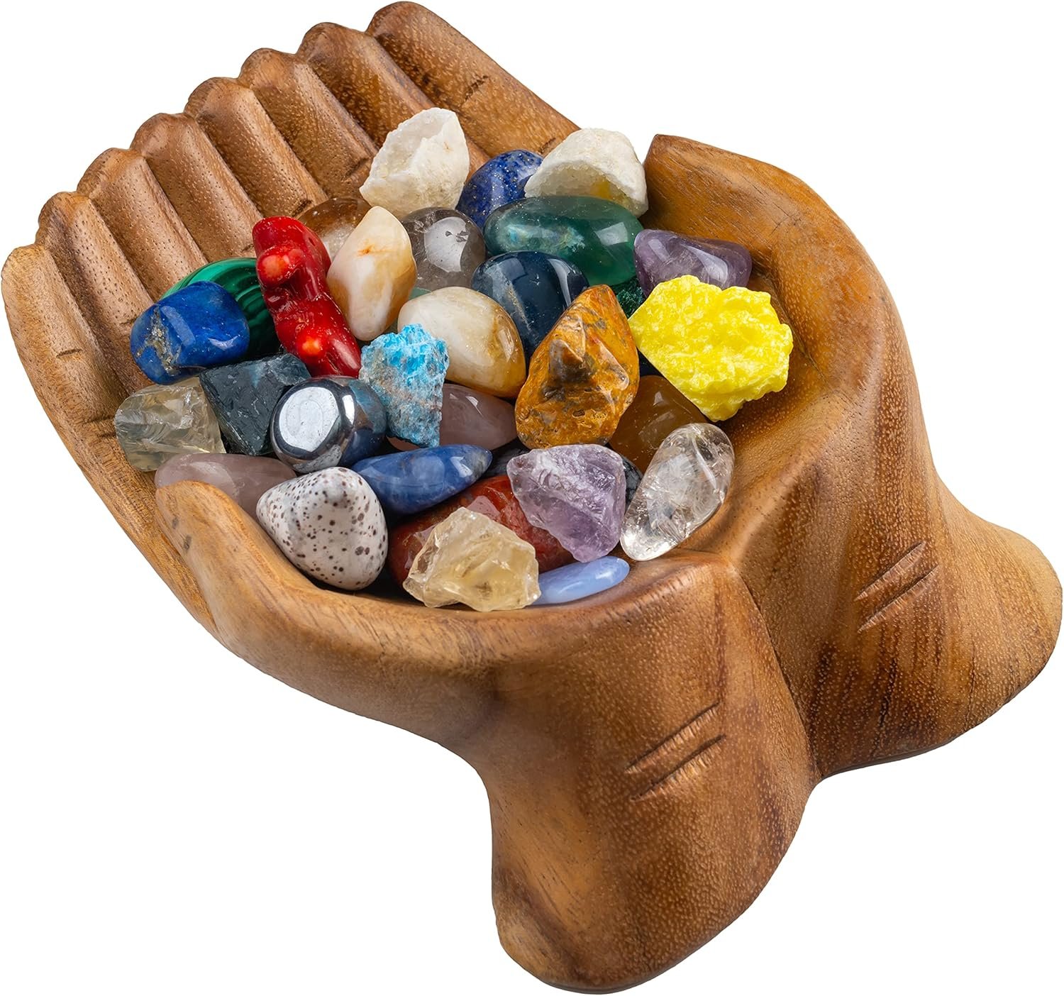 Carved Hands Offering Bowl – Crystal Holder for Stones, Rock Collection Holder, Crystal Display Storage Tray, Wooden Hands Bowl for Keys – Rock Display Case for Shelf, Stand, Altar Decor (M)