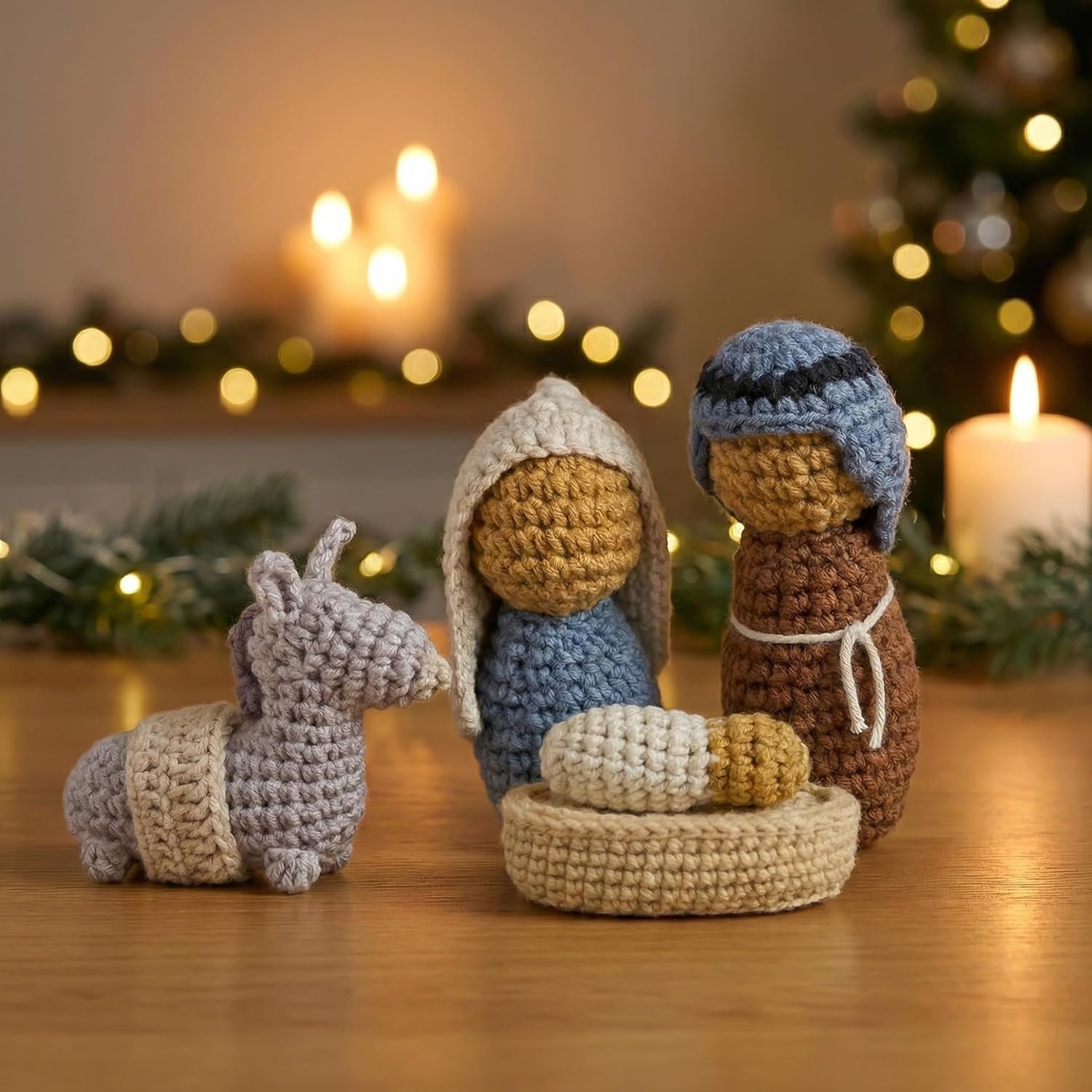OASSIE Christmas Decorations Nativity Set Indoor, Christian Gifts for Women Men – Handmade Nativity Scene Crochet with Mary, Joseph, Donkey – Farmhouse Home Decor, Birthday Catholic Religious Gifts