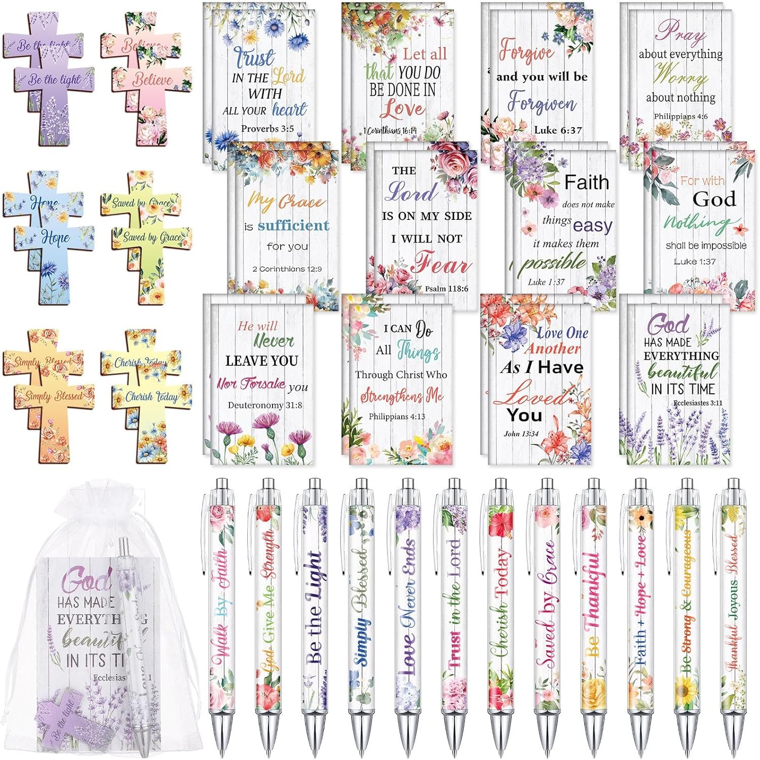 AmazingSpark 96 Pcs Christian Gifts Bulk for Women Include Magnetic Cross Bookmarks, Mini Bible Verse Notepads, Scripture Ballpoint Pens, Religious Small Notebooks Gifts Prizes Party Favor(Floral)