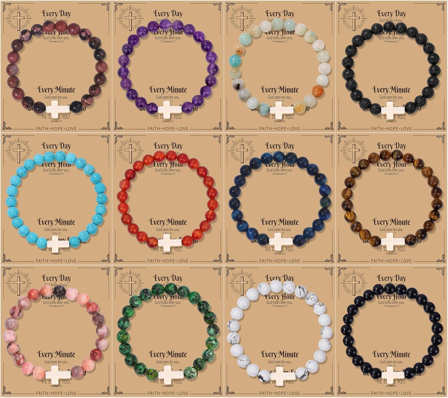 CASDAN 12Pcs Cross Beaded Bracelets for Women Men 8mm Easter Basket Stuffers Natural Stone Crystal Bracelet Semi-Precious Gemstone Beads Bracelets Set for Christian Christmas Gifts