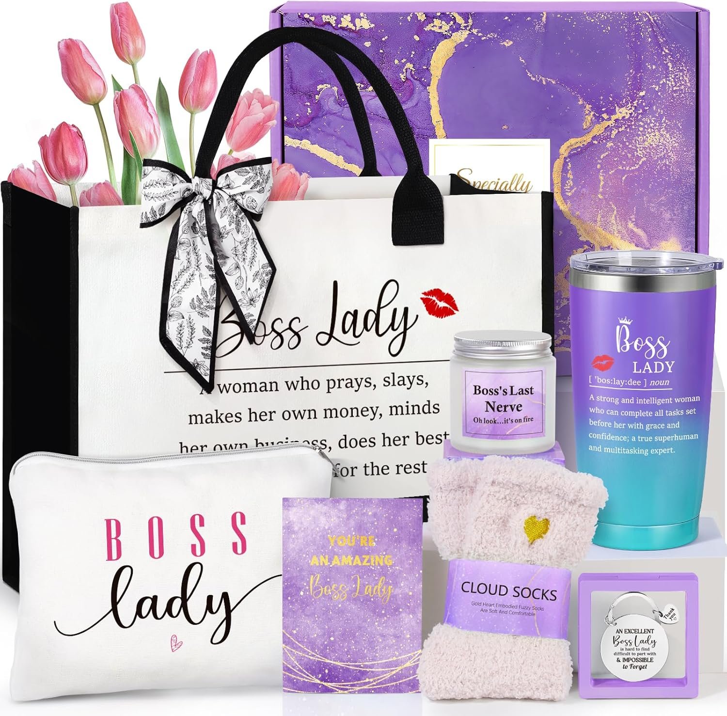 Boss Lady Gifts for Women, Best Boss Gift with Grocery Canvas Tote Bag, Funny Boss Christmas Box for Women, Cool Basket for Bosses Female, Office Appreciation Gifts for Birthday Boss’s Day Purple