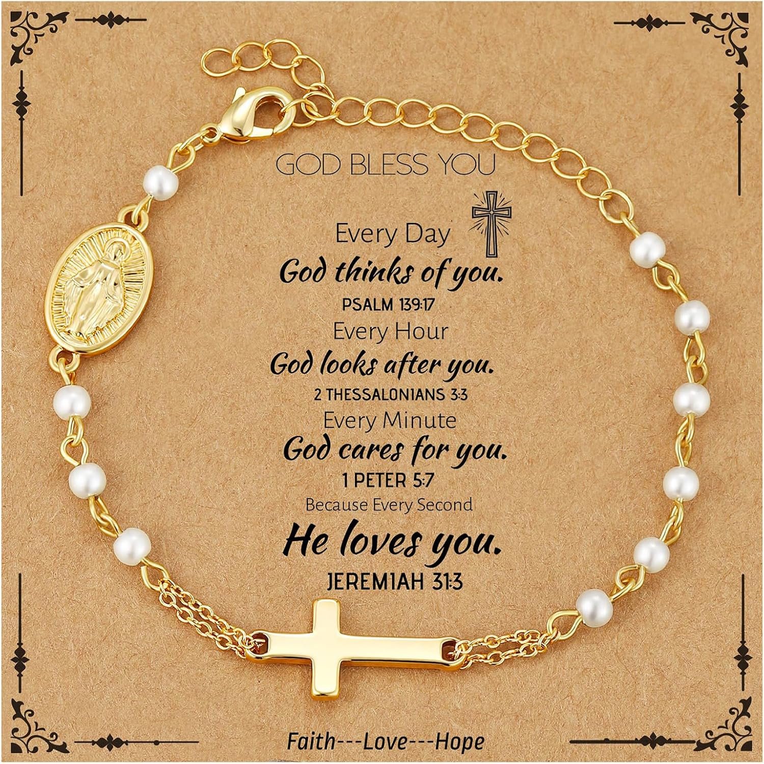 Catholic Bracelets Gifts for Women Girls, Simulated Pearl Rosary Beads Virgin Mary Cross Charm Bracelet Confirmation First Communion Baptism Religious Christian Jewelry Gift