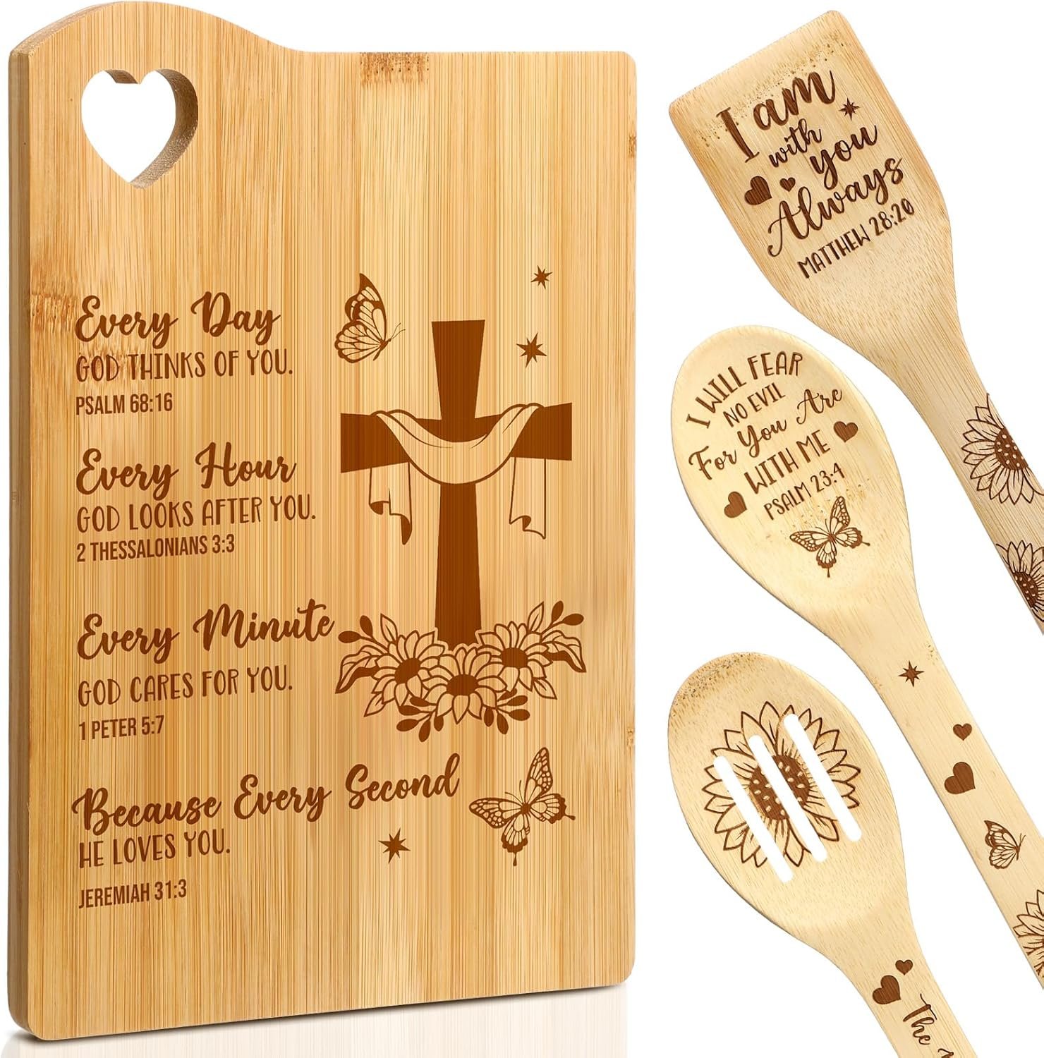 4 Pcs Christian Gifts for Women Mom Bible Verse Bamboo Cutting Board Faith Religious Spatula Spoon Set Catholic Inspirational Gifts for Mother’s Day Christmas Birthday(God Cares for You)
