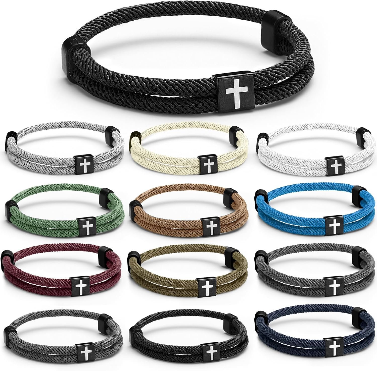 Landical 12 Pcs Braided Cross Bracelet for Men Women Christian Adjustable Rope Jesus Bracelets with Metal Knot Christian Baptism Gifts