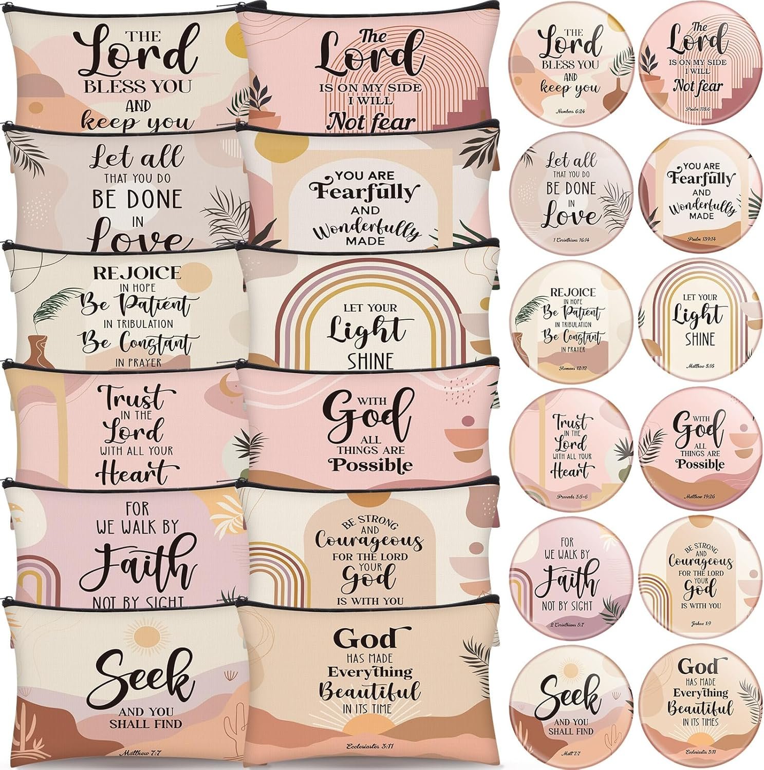 Geelin 24 Pcs Christian Gifts Bulk for Women 12 Religious Canvas Makeup Bags 12 Boho Bible Verse Compact Mirrors Inspirational Church Party Gifts for Women Mother Sister