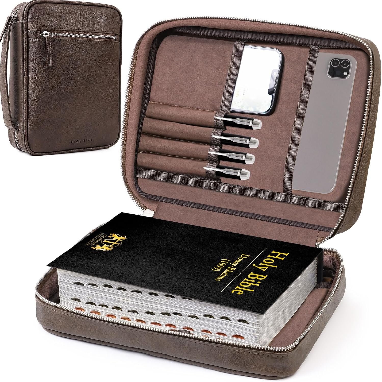 Bible Case for Men, Vegan Leather Bible Cover with Durable Handle and Zippered Pocket, Carrying Bag for Church and Prayer Meetings, Father’s Day Christian Gift for Dad