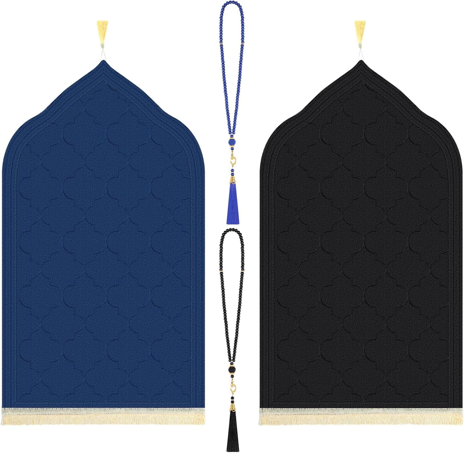 Fanfanwin 2 Pcs Muslim Prayer Rug Blue and Black Thickening Sponge Muslim Rug Islamic Prayer Mat with 2 Pcs Prayer Beads Islam Gifts for Men Women Eid Travel Ramadan