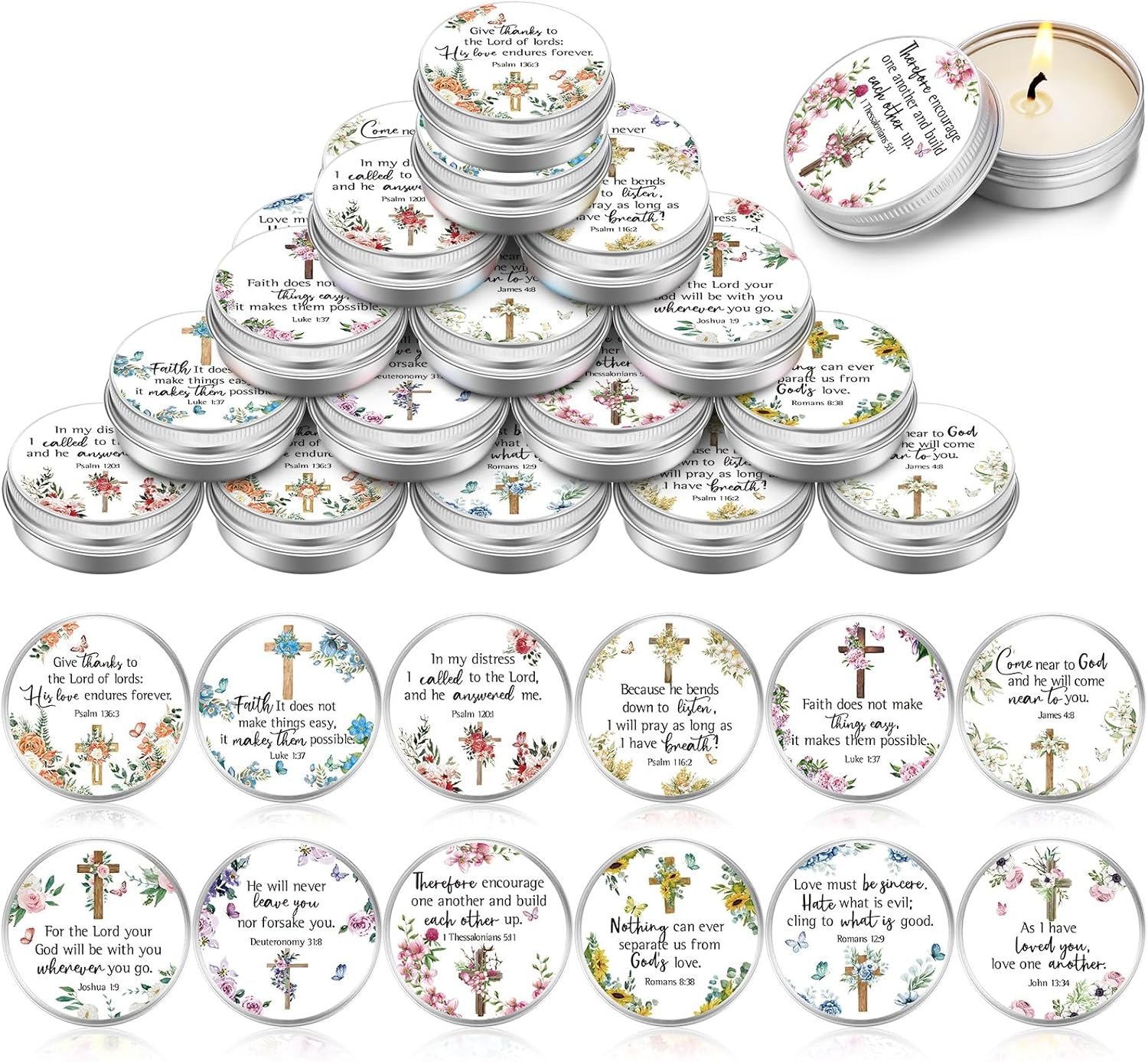Threlaco 36 Set Bible Verse Scented Candle Tins with Lids Floral Christian Bible Gifts 1 oz Small Scripture Candle for Women Bridal Shower Birthday Wedding Party Favors, 6 Scents(Cross)