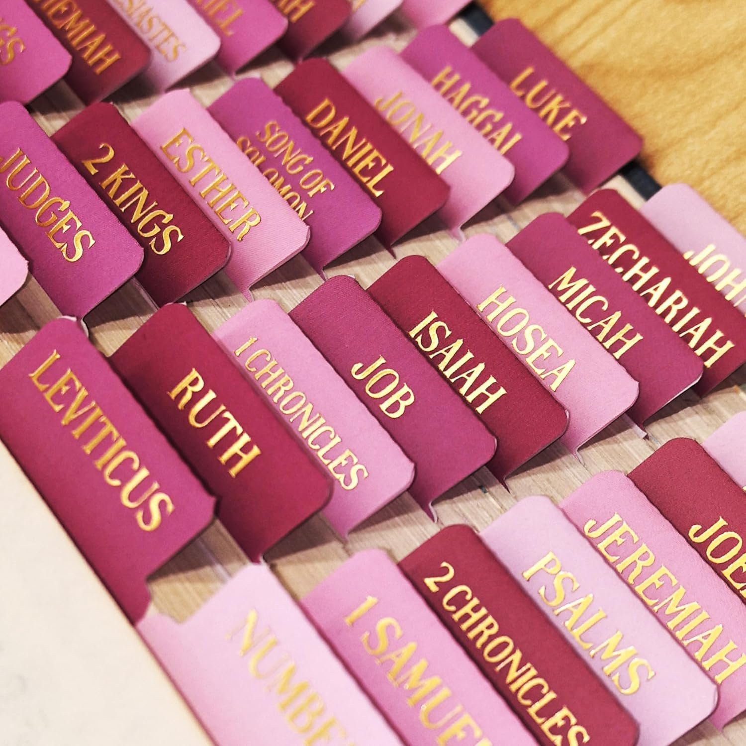 Laminated Bible Tabs, Gold Foil Embossed Lettering Bible Chapter Index Tabs for Women Men, Reposition Large Print Sticky Labels, Easy to Read and Apply, 105Chapters Labels for Easy Navigation (Pink)