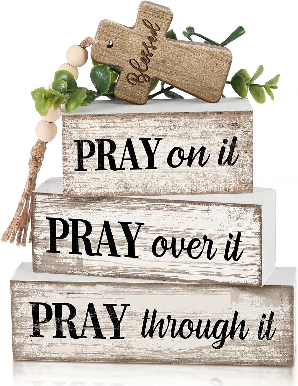 Moucuny 4 Pcs Christian Table Decor Wooden Cross Wooden Bible Verse Sign Inspirational Religious Christian Centerpiece Pray Block Signs Farmhouse Table Decoration for Mother’s Day