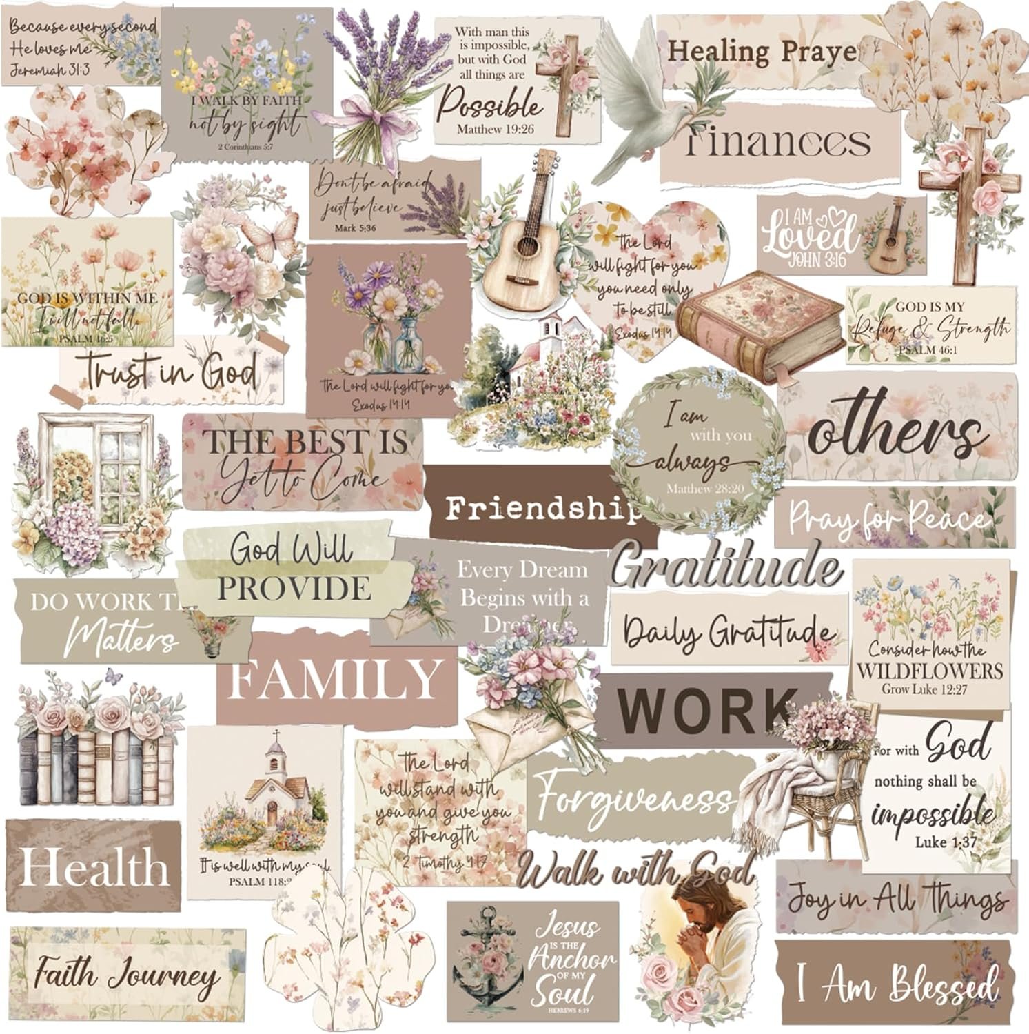 Prayer Board Stickers Supplies – 50 Pcs Christian Jesus Bible Verse Flower Decals for Adults Women Girls Motivational Religious Scripture Personalized Gifts for Kindle Water Bottle Journal