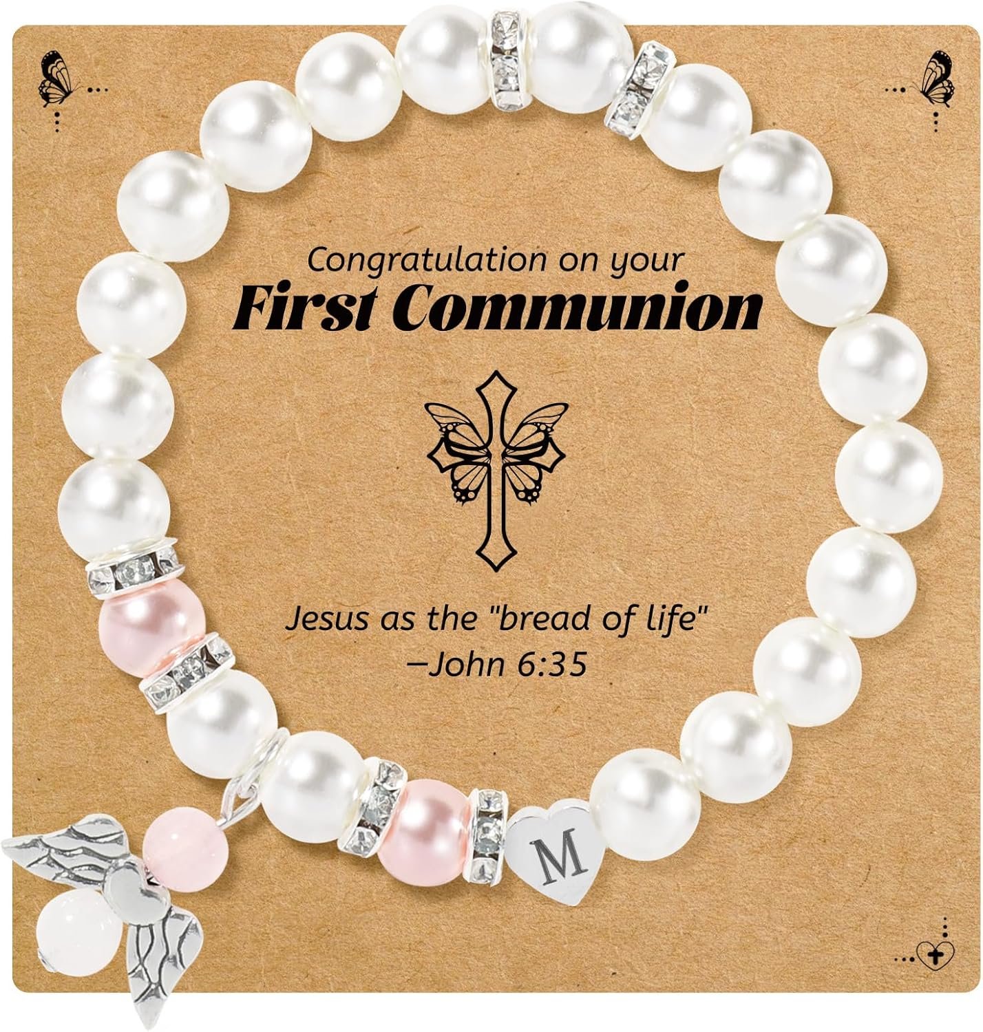 BAYLAY First Communion Gifts for Girls, First Communion Bracelet for Girls, Angel Wings Heart Letter Initial Pearl Bracelet, First Communion Gifts for Girls Catholic, Teen Girls First Communion Gifts