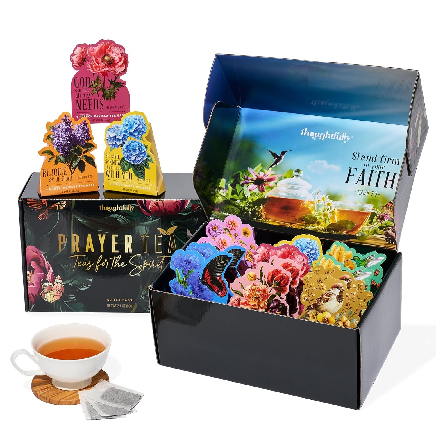 Thoughtfully, Tea Affirmations Religious Gift Set, 15 Gifts in 1 with Bible Verses, 8 Flavors in 15 Floral Boxes with 4 Bags Each, Christian Gifts for Women, Bible Study, Prayer Group, Easter Gift