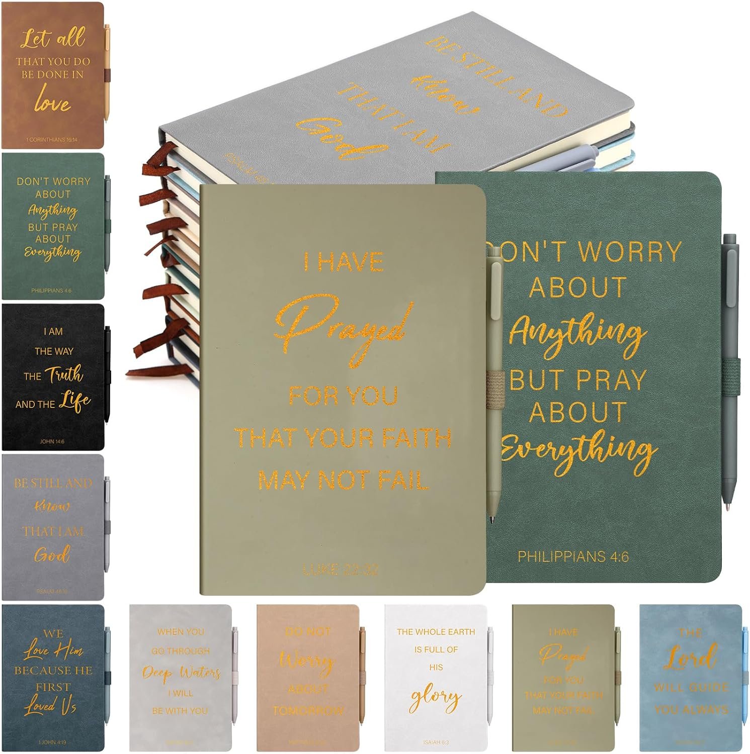 Thenshop 20 Pcs Christian Gifts Bulk 10pcs Neutral Leather Christian Journals for Women Bible Leather Notebooks with 10pcs Neutral Pens Inspirational A5 Prayer Journals for Women Men Church Gift