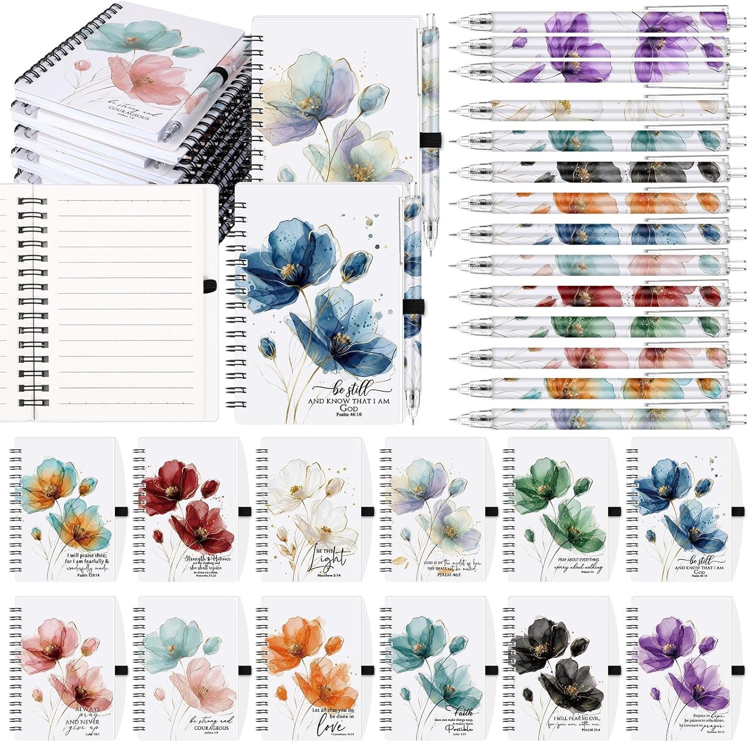 Kosiz Christian Women Gift Bulk A6 Christian Notebooks with Bible Verse Pens Inspirational Prayer Journals Spiral Bible Journal Religious Gift for Fathers Day Church Study(12 Sets,Floral Style)