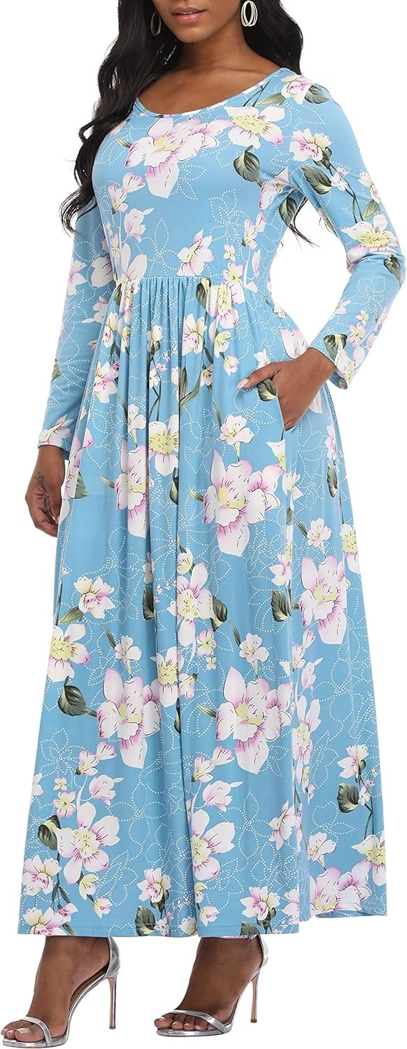 VintageClothing Casual Long Sleeve Maxi Dresses with Pockets for Women Long T Shirt Dress Travel Vacation Outfits