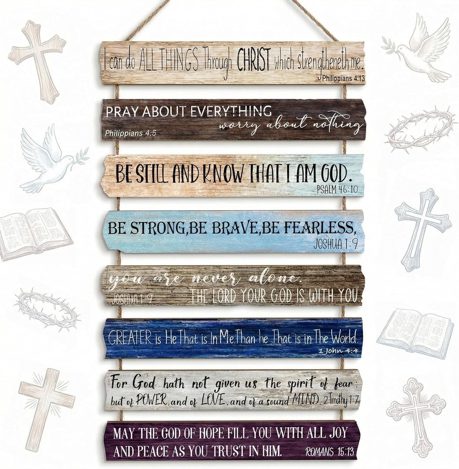Rustic Christian Wall Art Decor Bible Verse Scripture Hanging Wood Sign for Home Living Room Vintage Religious Inspirational Quotes Plaque for Prayer Room Church Spiritual Gift 8 Panels