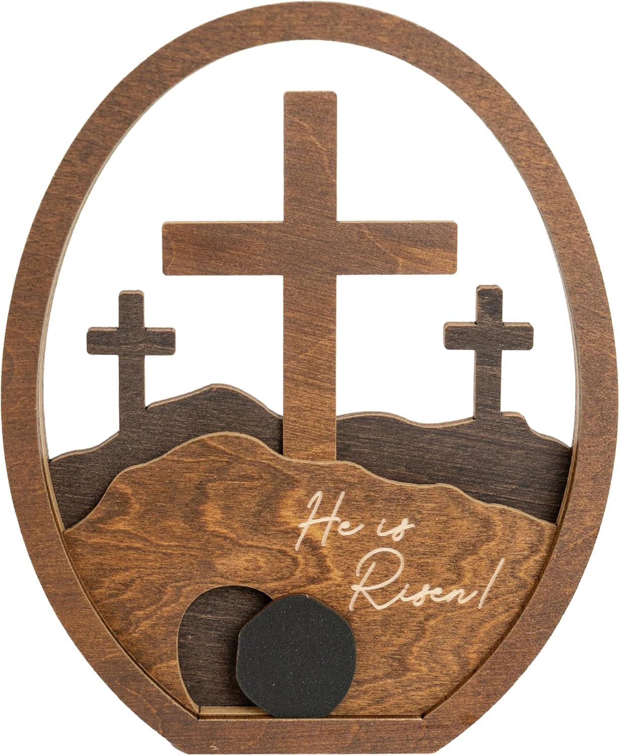 He is Risen Gifts for Adults, Easter Decor Resurrection Scene Empty Tomb, Christian Table Decorations Indoor, Catholic Cross Jesus Religious Easter Gifts Decor (Walnut Wood)