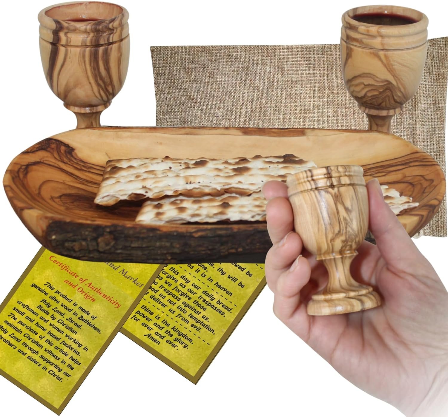 Holy Land Market Olive Wood Communion Cups & Plate Set – Hand-Carved Oval Bowl with 2 Medium Goblets – Kiddush Communion Set from Bethlehem for Church Worship, Pastors & Ministries