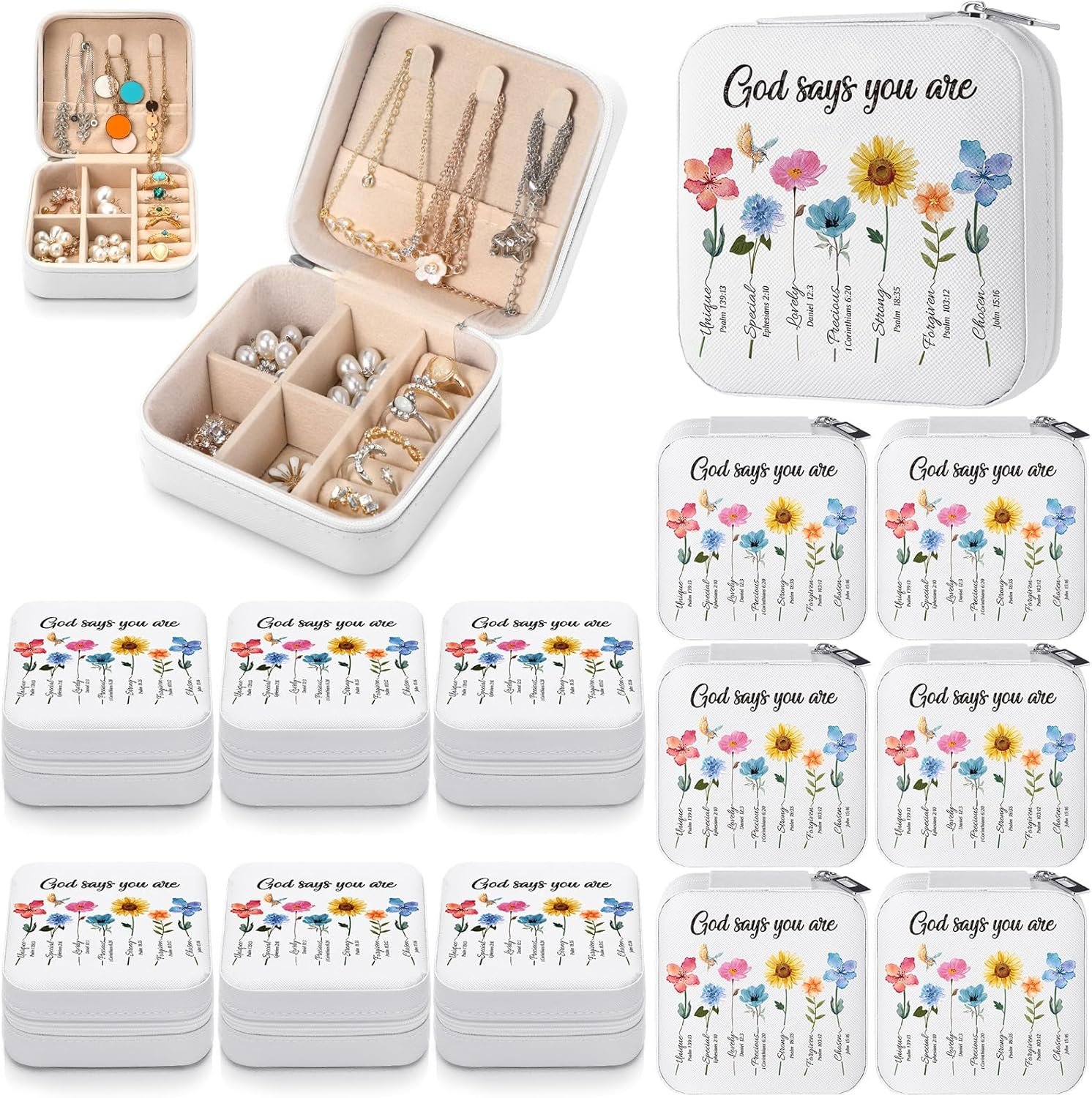 Kacctyen 12 Pieces Mini Travel Gift Jewelry Case Bulk God Says You Are Gifts for Women Christian with Flowers Mother’s Day Church Gift for Secretary Day Birthday Inspirational Leather Jewelry Case