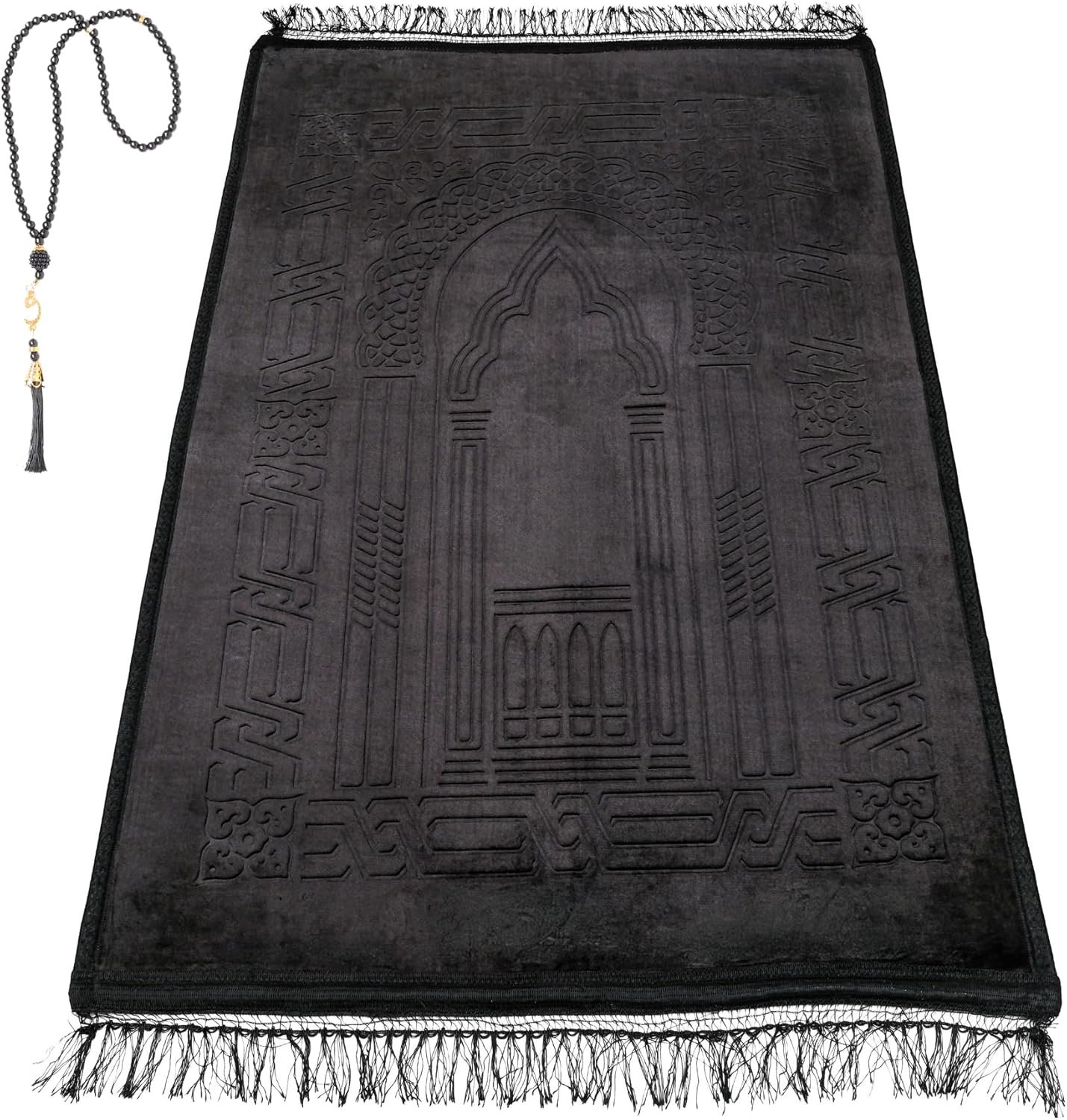 Prayer Rug – Soft Plush Turkish Janamaz Sajada Carpet for Men and Women – Plain Solid Prayer Mat Ramadan Eid Gift – with Prayer Beads – Luxury Floral Stamp, Black