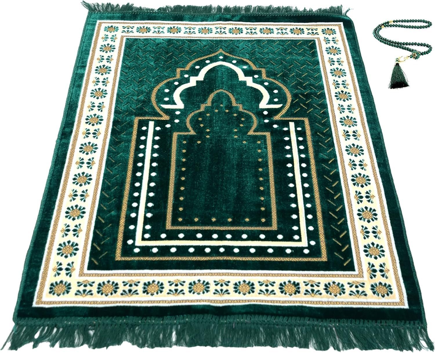 Prayer Mat Rug for Muslim Men, Women or Kids, Portable Praying Mat and Prayer Beads Sets for Islamic Gifts – Muslim Prayer Rug For Ramadan, Umrah, Hajj – Turkish Rug for Meditation and Worship (GREEN)