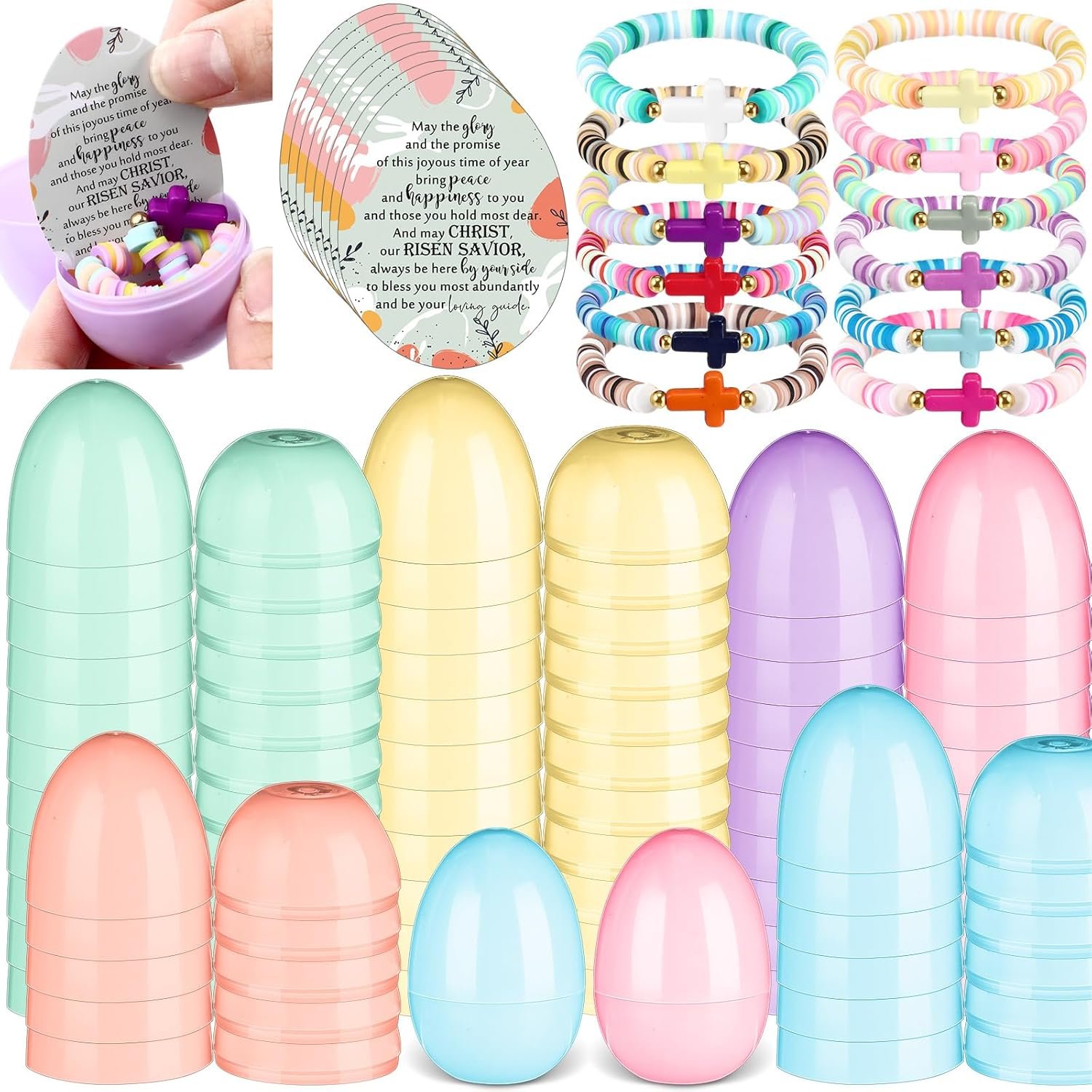 Landical 24 Sets Religious Easter Eggs Fillers Christian Empty Eggs with Colorful Cross Bracelets Prayer Cards Resurrection Christian Easter Decor for Basket Stuffers Party Favors