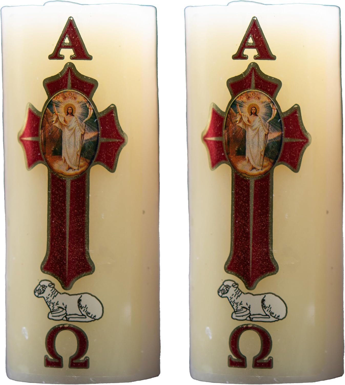 Paschal Candle for Easter, Religious Ceremonial Candles, Ivory with Red Cross Design, 3.4 x 1.4 Inches, 2 Pack, Catholic Church Liturgical Worship Supplies