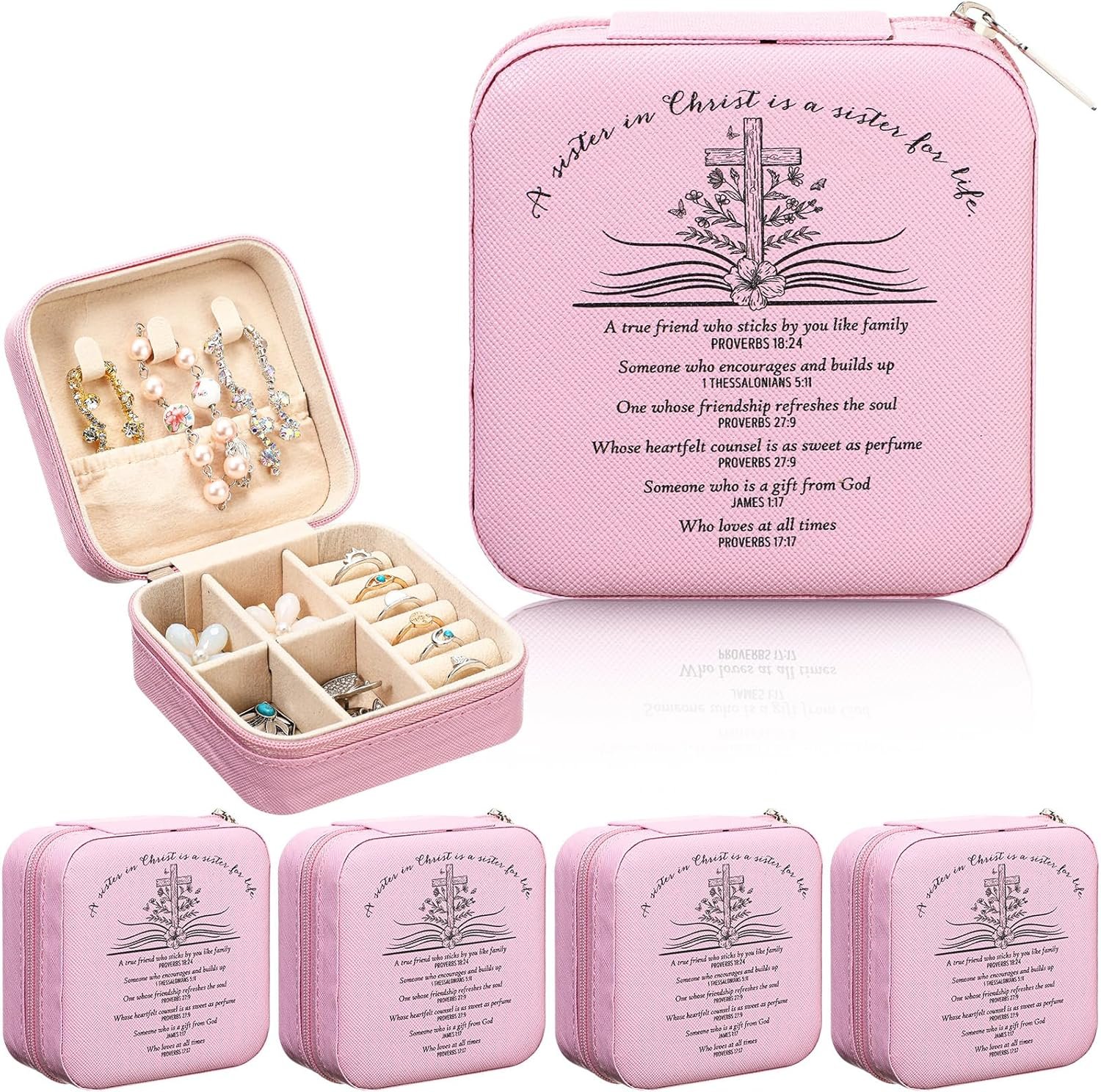 Reallnaive 5 Pack Sister in Christ Gift for Women Jewelry Box Christian Bible Verse Cross Jewelry Case Pink Leather Box Gift for Bestie Friends Mother Birthdays Christmas
