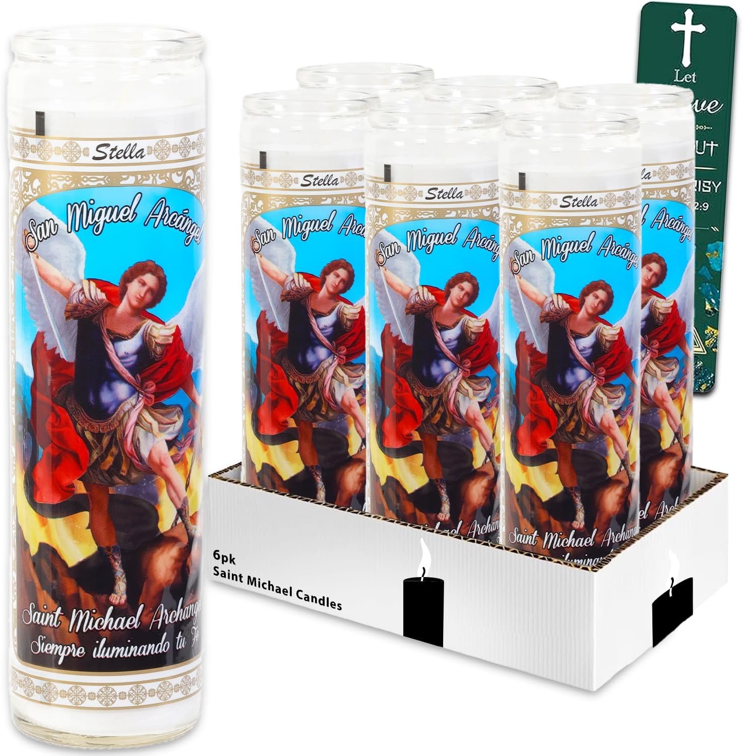 6 Pack Saint Michael The Archangel White Religious Candles – Bundle of 8″ Glass Devotional Candles for Vigils, Prayers, Blessing Ceremonies, More