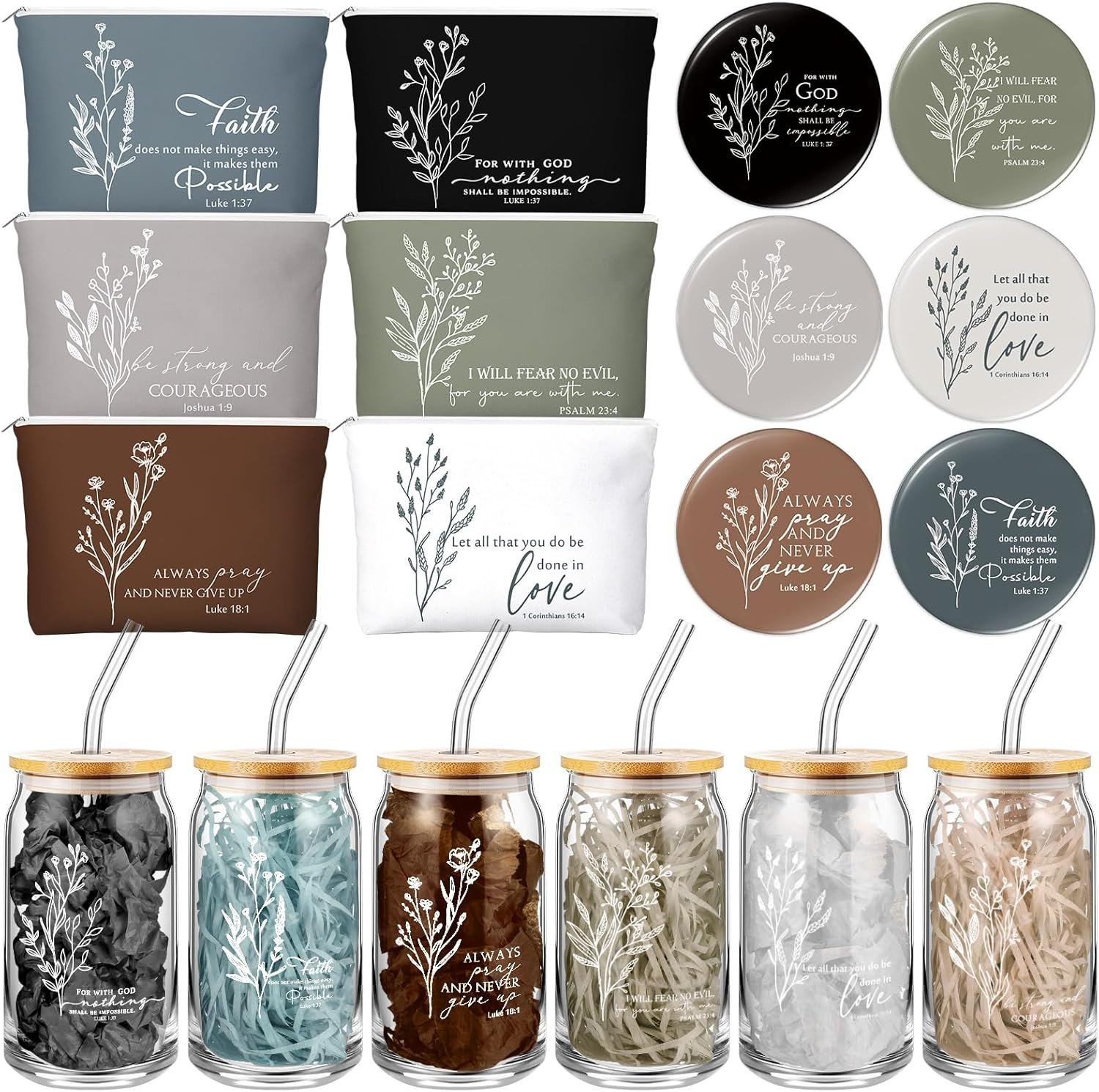 Fumete 6 Set Christian Gift for Women Bulk Mothers Day Religious Makeup Bag Bible Verse Glass Cup Mini Christian Compact Mirror Gifts for Church Members Women Basket Stuffers (Neutral Colors)