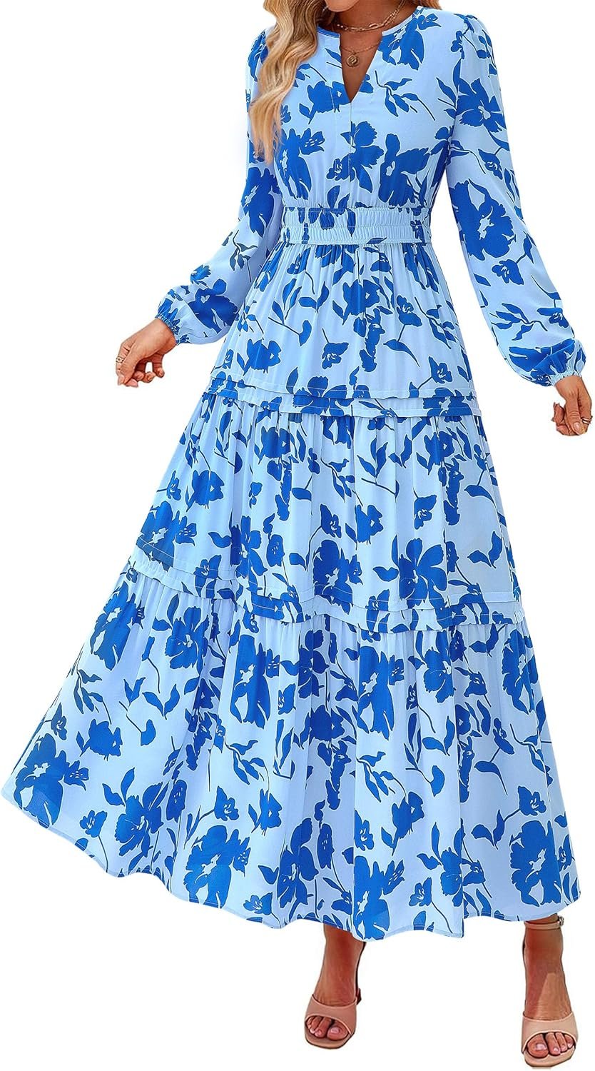 PRETTYGARDEN Womens 2026 Fall Fashion Clothing Boho Maxi Dresses Floral Long Sleeve Flowy Elegant Wedding Guest Holiday Dress