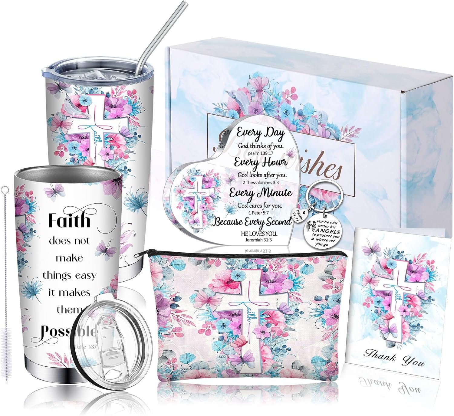 Blushtier 7 Pcs Mothers Day Christian Gifts for Women Religious Inspirational Faith Gifts Set with Tumblers Canvas Bag Box Thanksgiving Birthday Baptism for Mom Friends Sister Wife Pastor(Flower)
