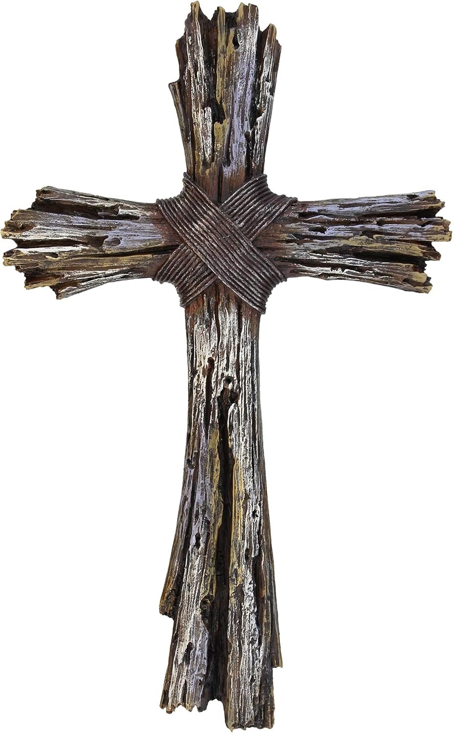 Rustic Decorative Driftwood Wall Cross – Faux Weathered Wood Rugged Jesus Art