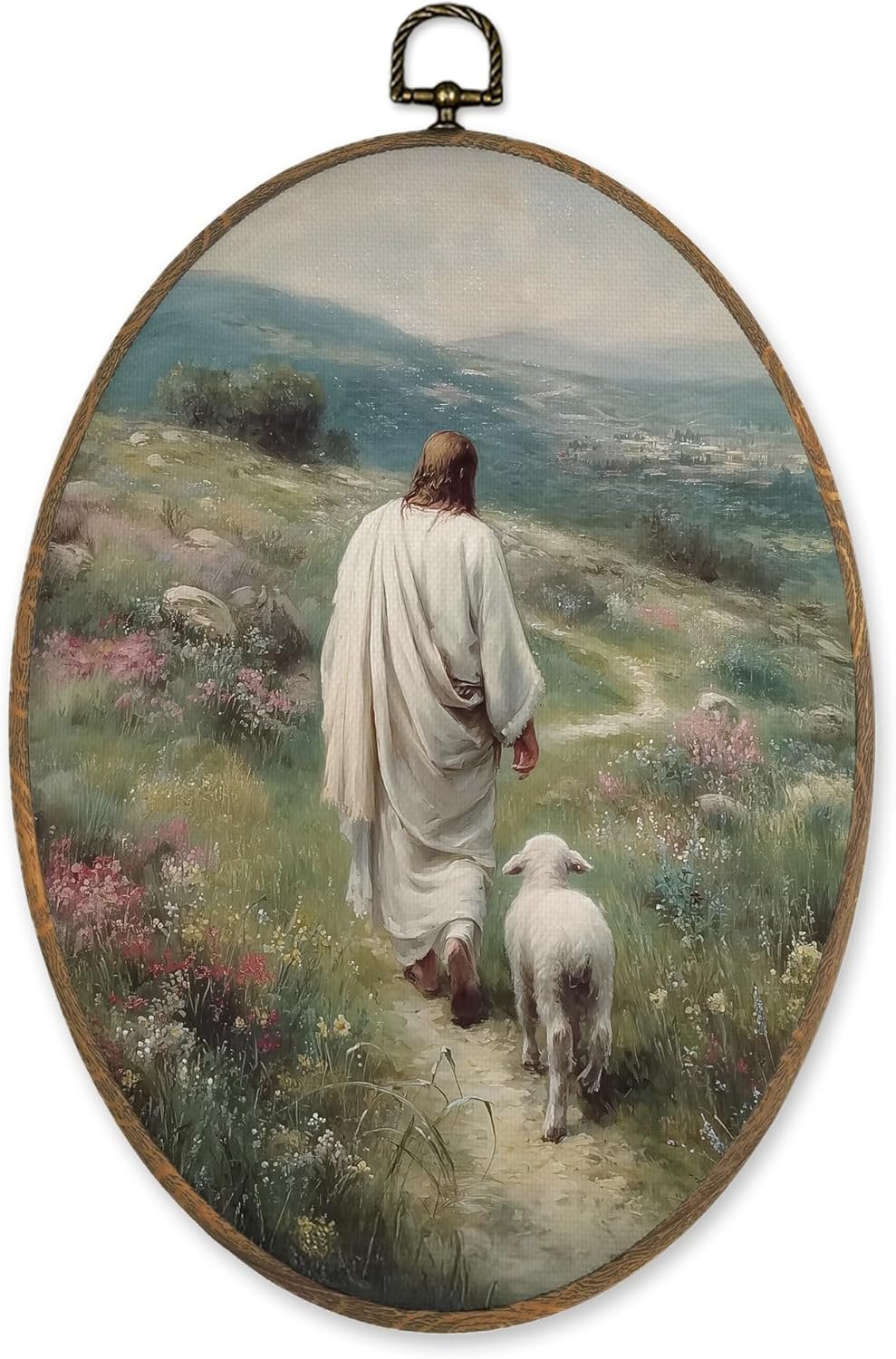 LKETW Vintage Christian Jesus and Lamb Oval Wall Art Decor, Religious Bible Verse Oval Canvas Hanging Decor, Rustic Farmhouse Jesus Wall Decorations for Home Bedroom Church Prayer Room, 8.6×11.4 Inch