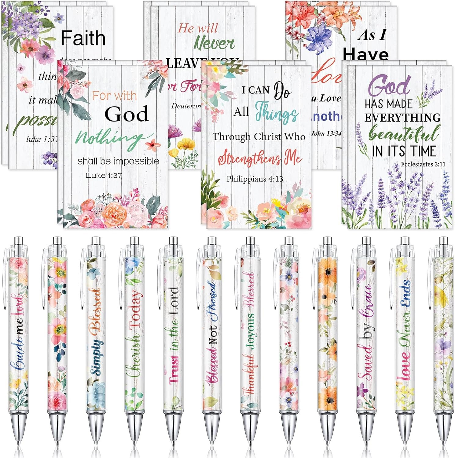 Colarr 12 Sets Christian Bulk Gifts for Women Bible Verse Pens Notebooks Religious VBS Scripture Ballpoint Pens Bookmarks Journal for Easter Sunday School Church Inspirational Supply(Floral)