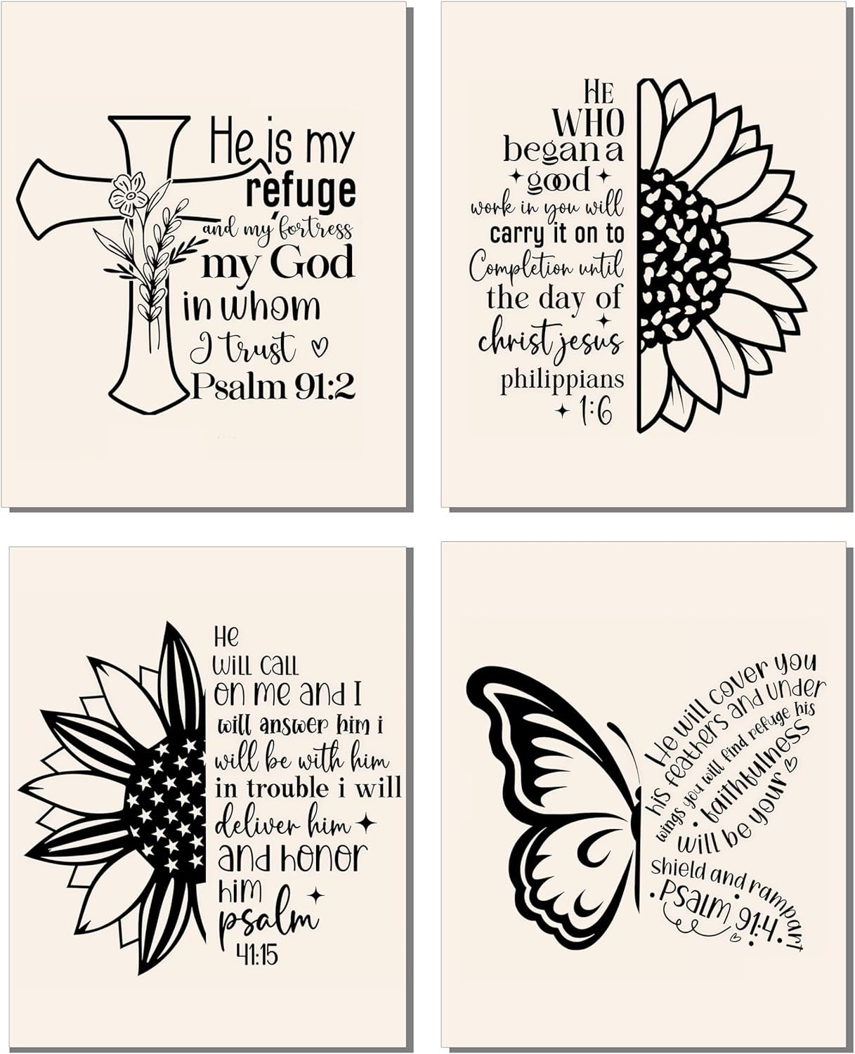 Forest Charger Minimalist Christian Wall Art with Bible Verses, Set of 4 Unframed 8×10 Posters, Black White Cross Sunflower Butterfly Prints, Inspirational Decor for Bedroom, Living Room, Faith Based Gift
