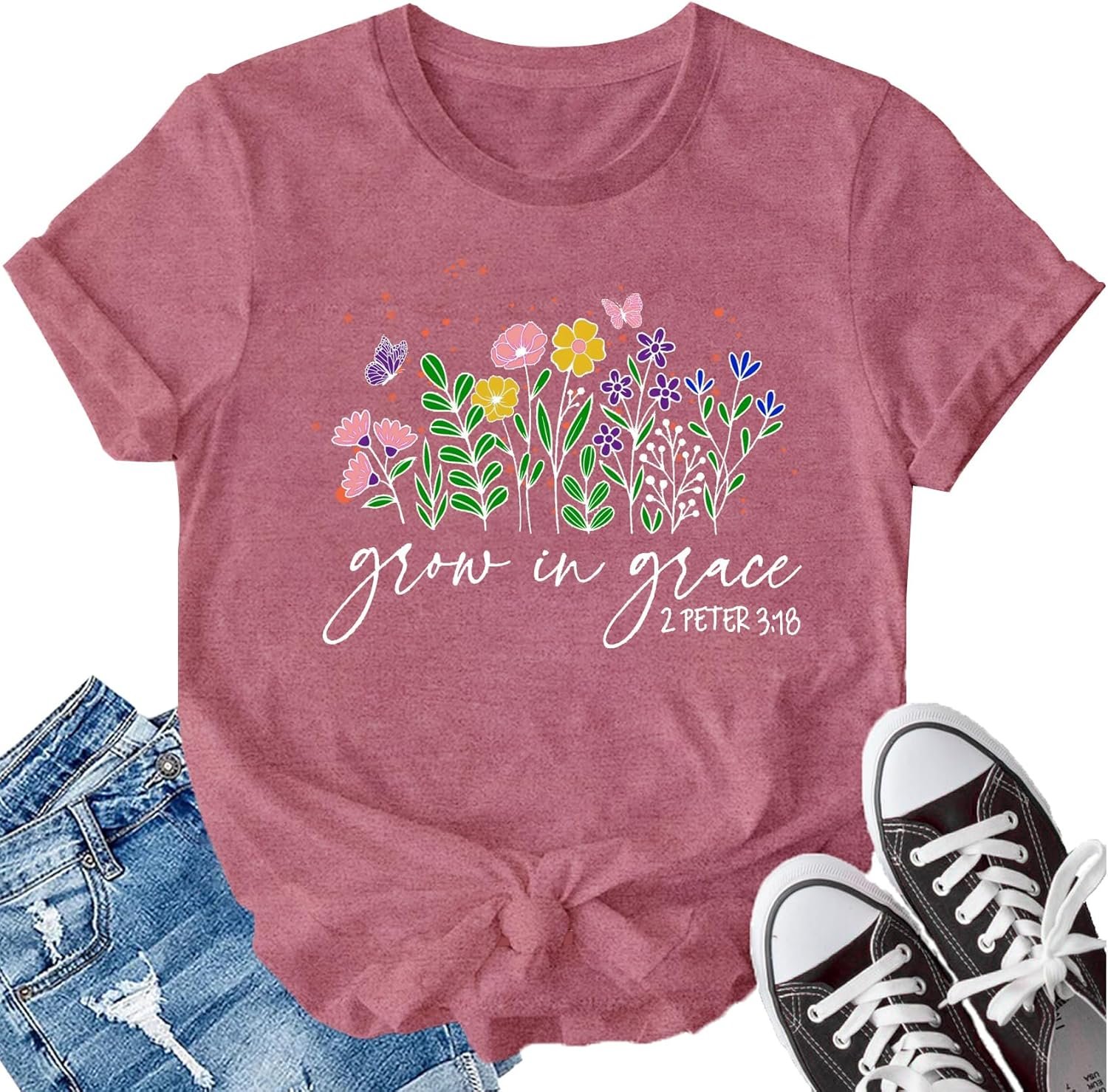 LBP Womens Christian Wildflowers Shirts Grow in Grace Shirt Christian T-Shirt Bible Verse Faith-Based Tee Tops