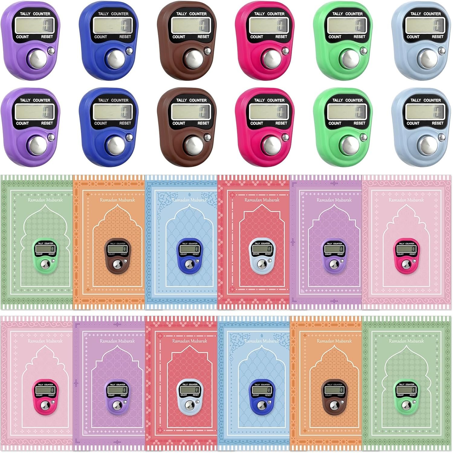 24 Sets Ramadan Party Favors Gifts Bulk Hand Tally Counters for Moslem Islamic Prayer Portable Digital Tasbeeh Counter Clickers with Greeting Cards for Religious Eid Mubarak Party Supplies(Prayer Mat)