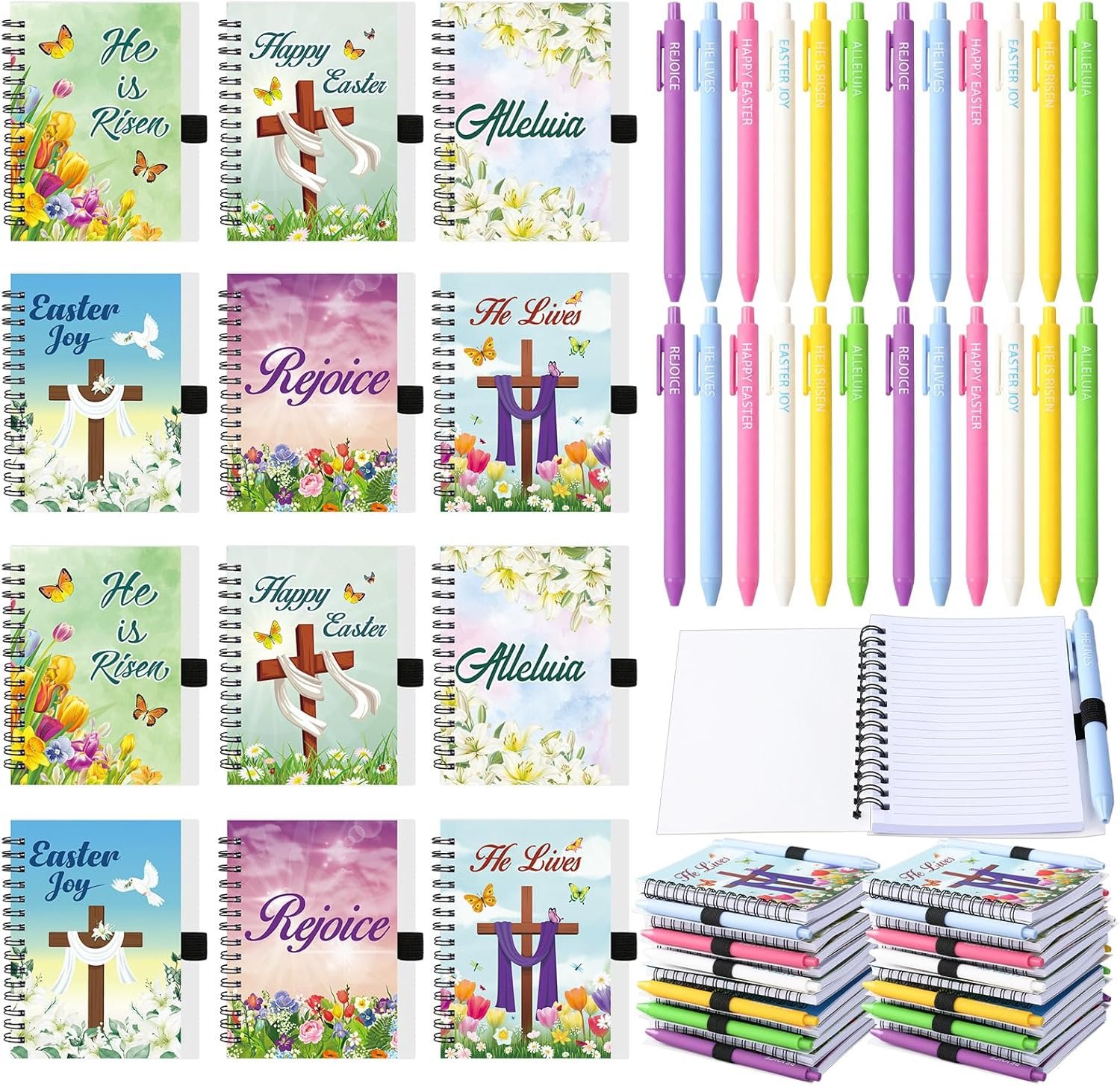 Glenmal 24 Pcs Religious Easter Notebooks with Pens Gifts for Coworkers He is Risen Christian Gifts Bulk Include Inspiring Bible Messages Easter Party Favors Gift for Office Coworker School Teachers